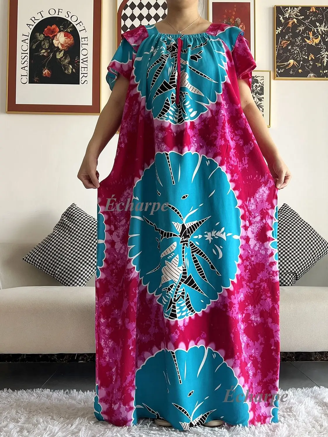 2026 African Dashiki Dress Kaftan Abaya Cotton Boat-neck Floral Dress Printed Short Sleeve Loose Women Casual Dress with Scarf