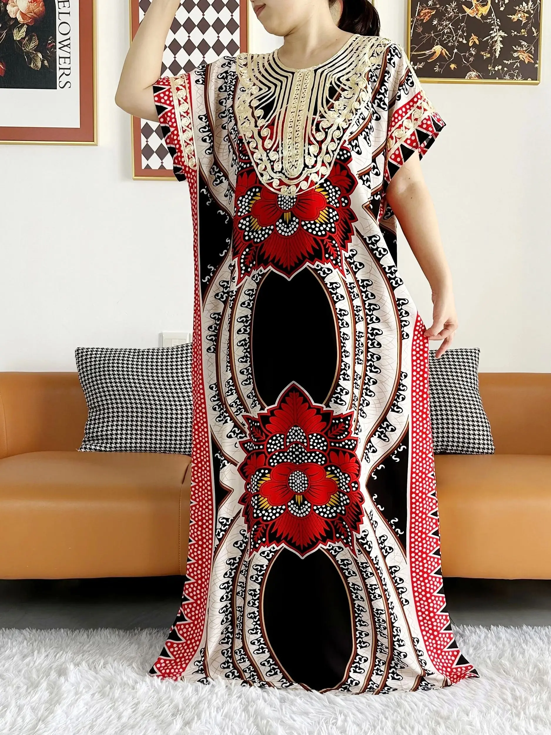 2026 African Dashiki Dress Kaftan Abaya Cotton Boat-neck Floral Dress Printed Short Sleeve Loose Women Casual Dress with Scarf