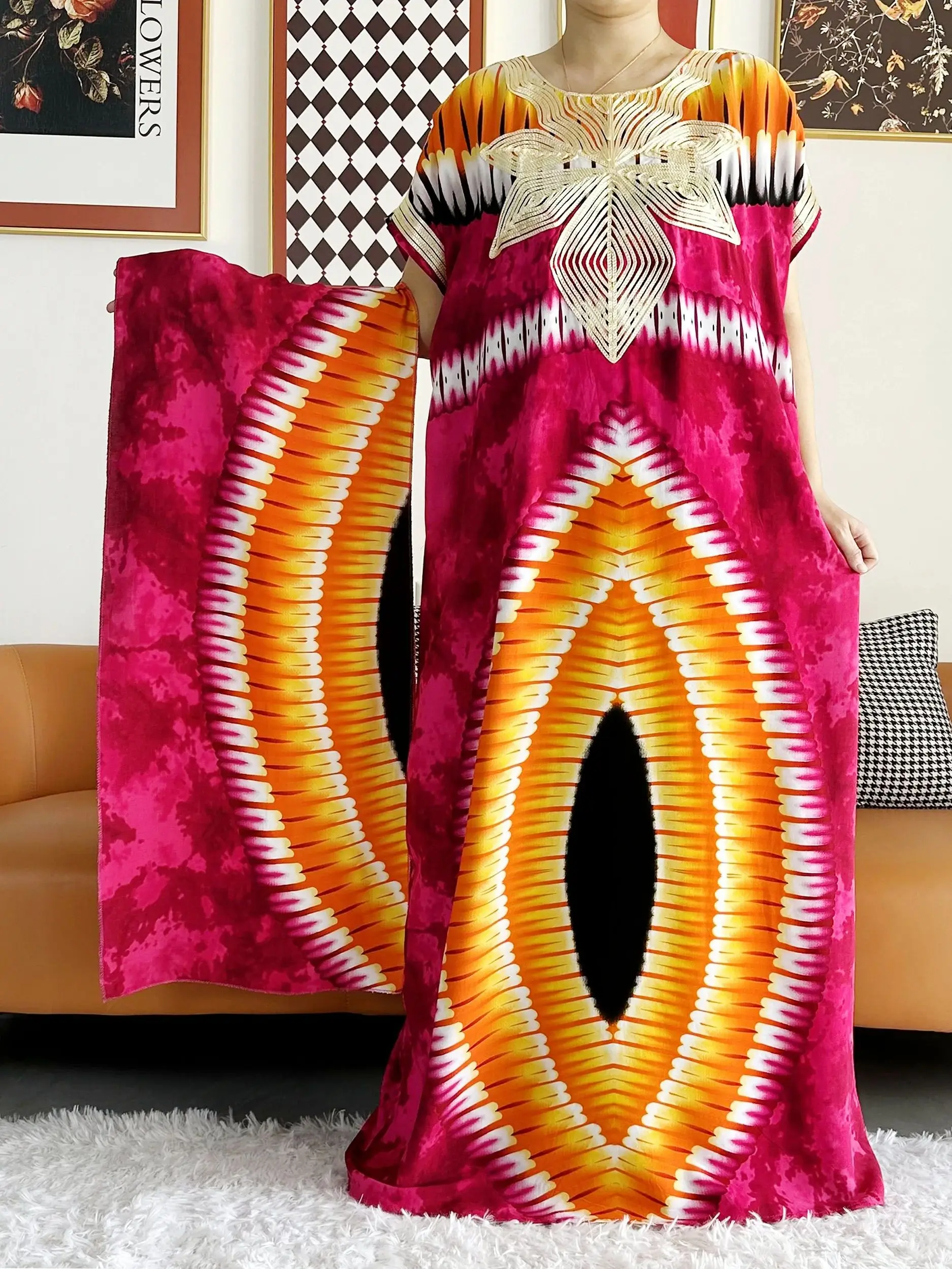 2026 African Dashiki Dress Kaftan Abaya Cotton Boat-neck Floral Dress Printed Short Sleeve Loose Women Casual Dress with Scarf