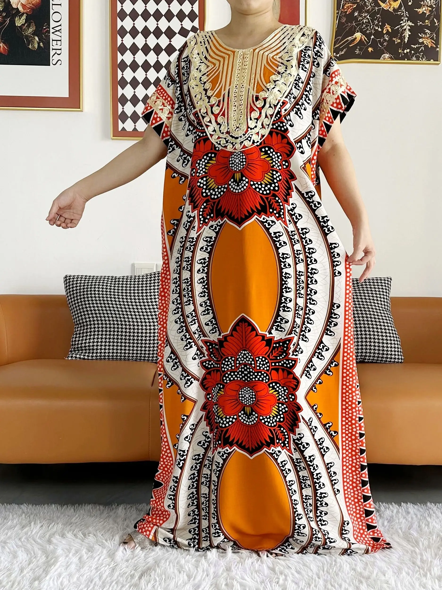 2026 African Dashiki Dress Kaftan Abaya Cotton Boat-neck Floral Dress Printed Short Sleeve Loose Women Casual Dress with Scarf