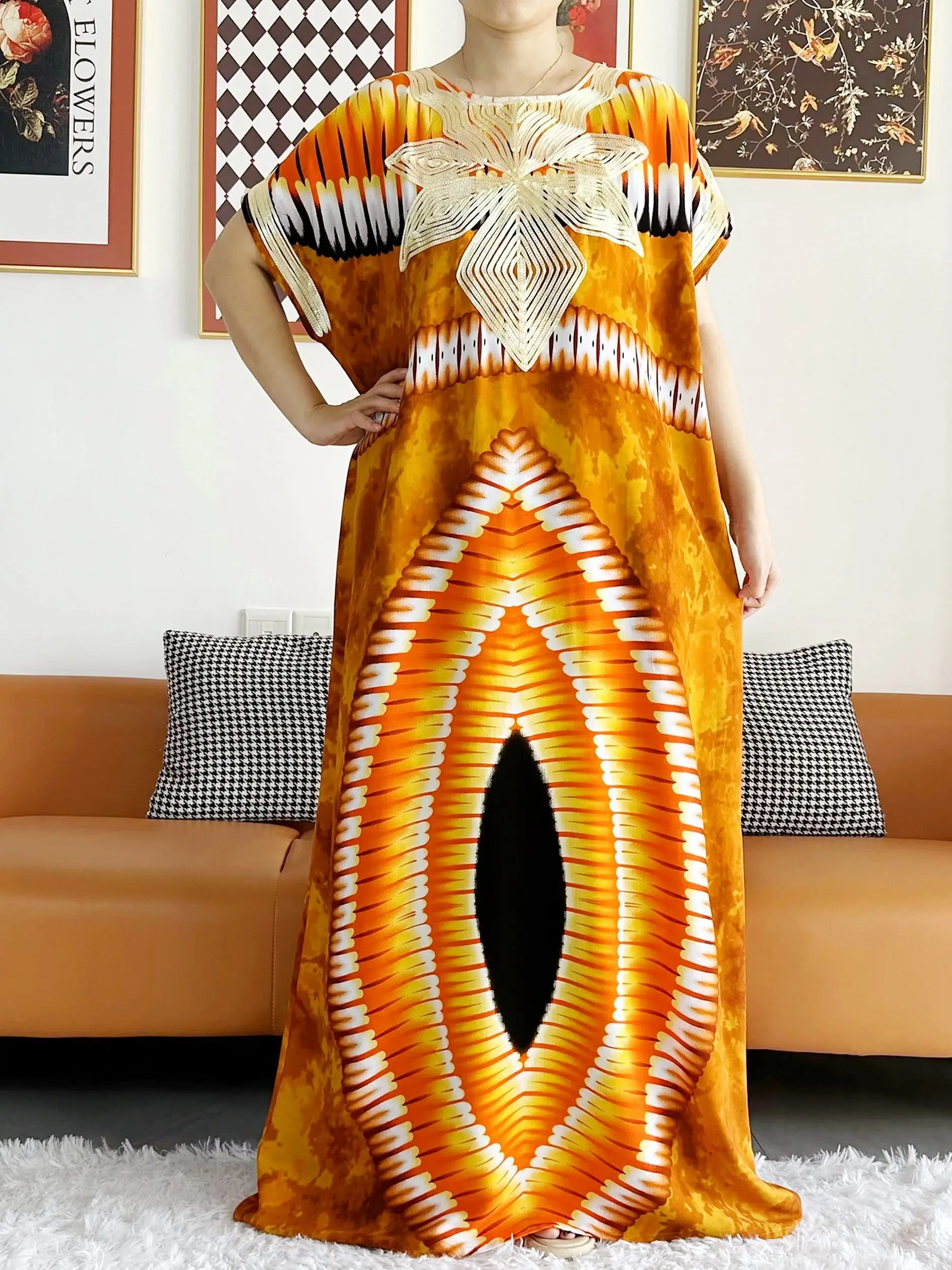 2026 African Dashiki Dress Kaftan Abaya Cotton Boat-neck Floral Dress Printed Short Sleeve Loose Women Casual Dress with Scarf