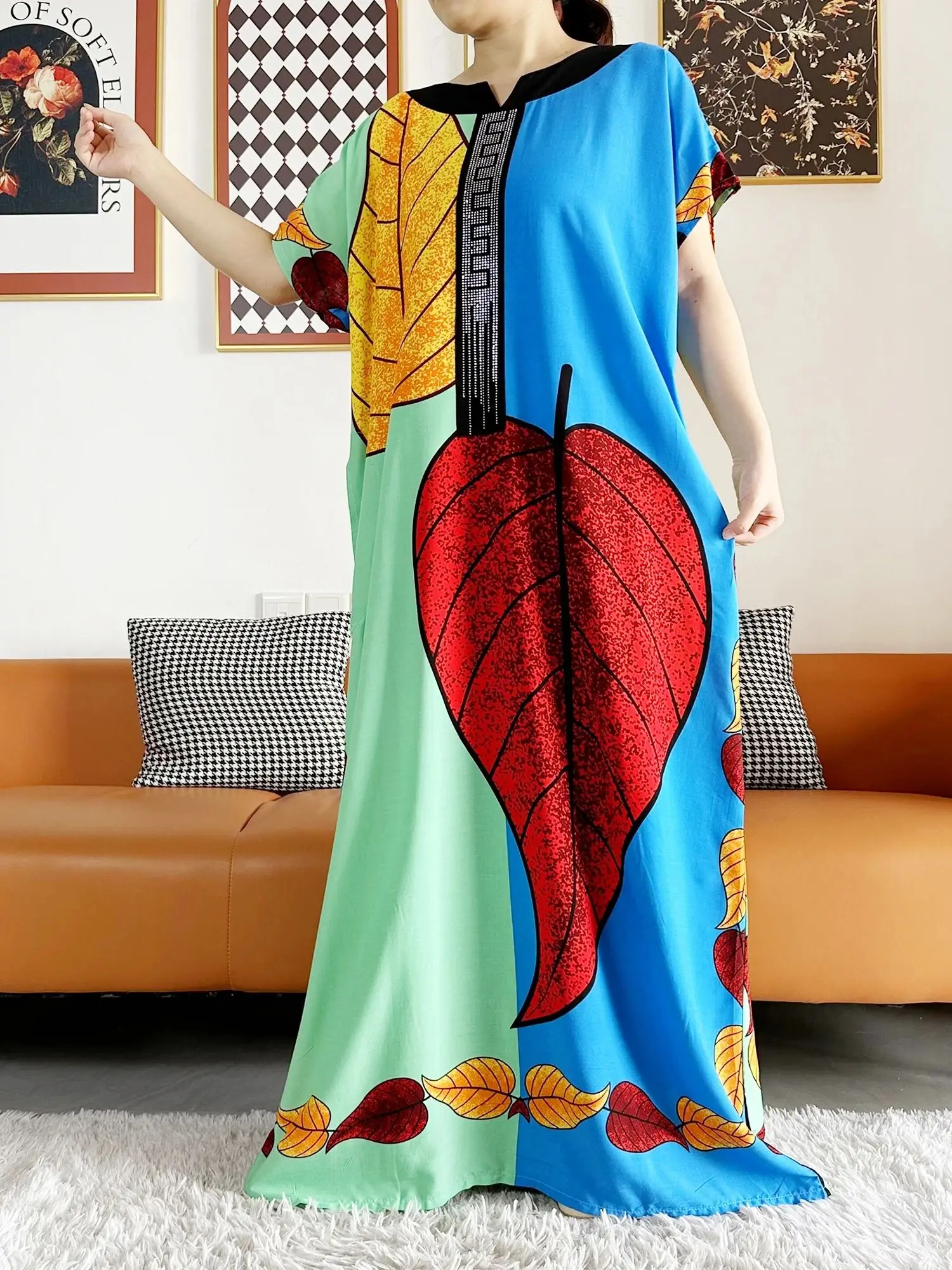 2026 African Dashiki Dress Kaftan Abaya Cotton Boat-neck Floral Dress Printed Short Sleeve Loose Women Casual Dress with Scarf