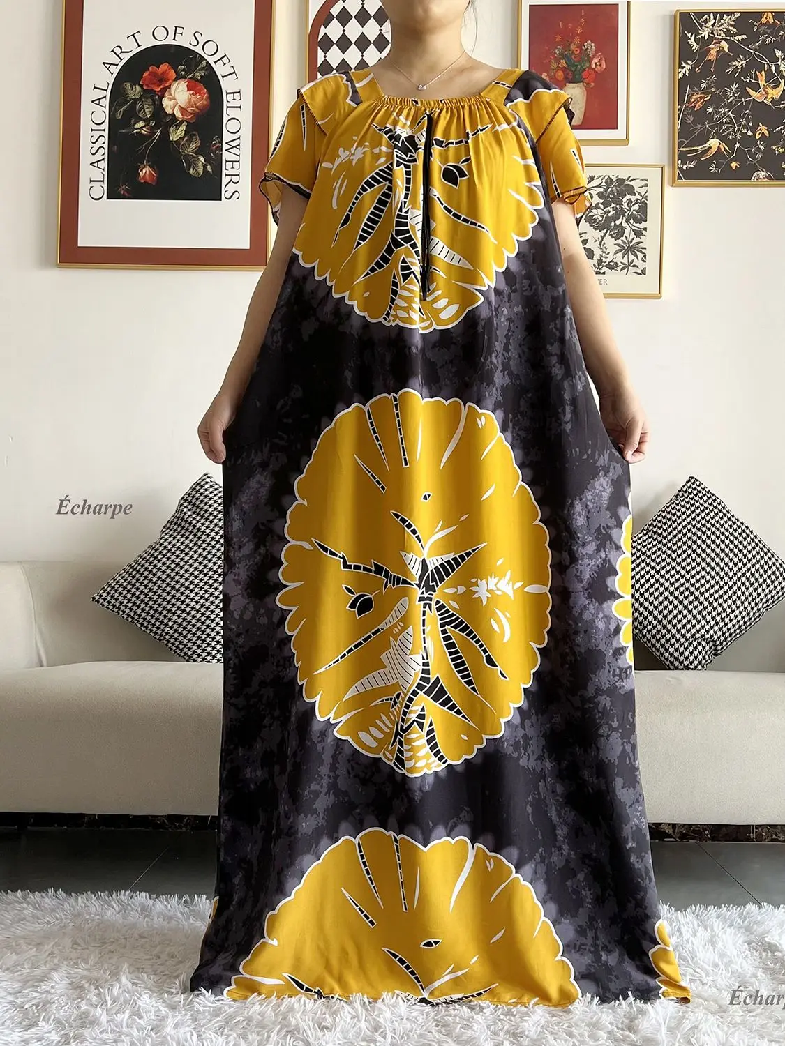 2026 African Dashiki Dress Kaftan Abaya Cotton Boat-neck Floral Dress Printed Short Sleeve Loose Women Casual Dress with Scarf