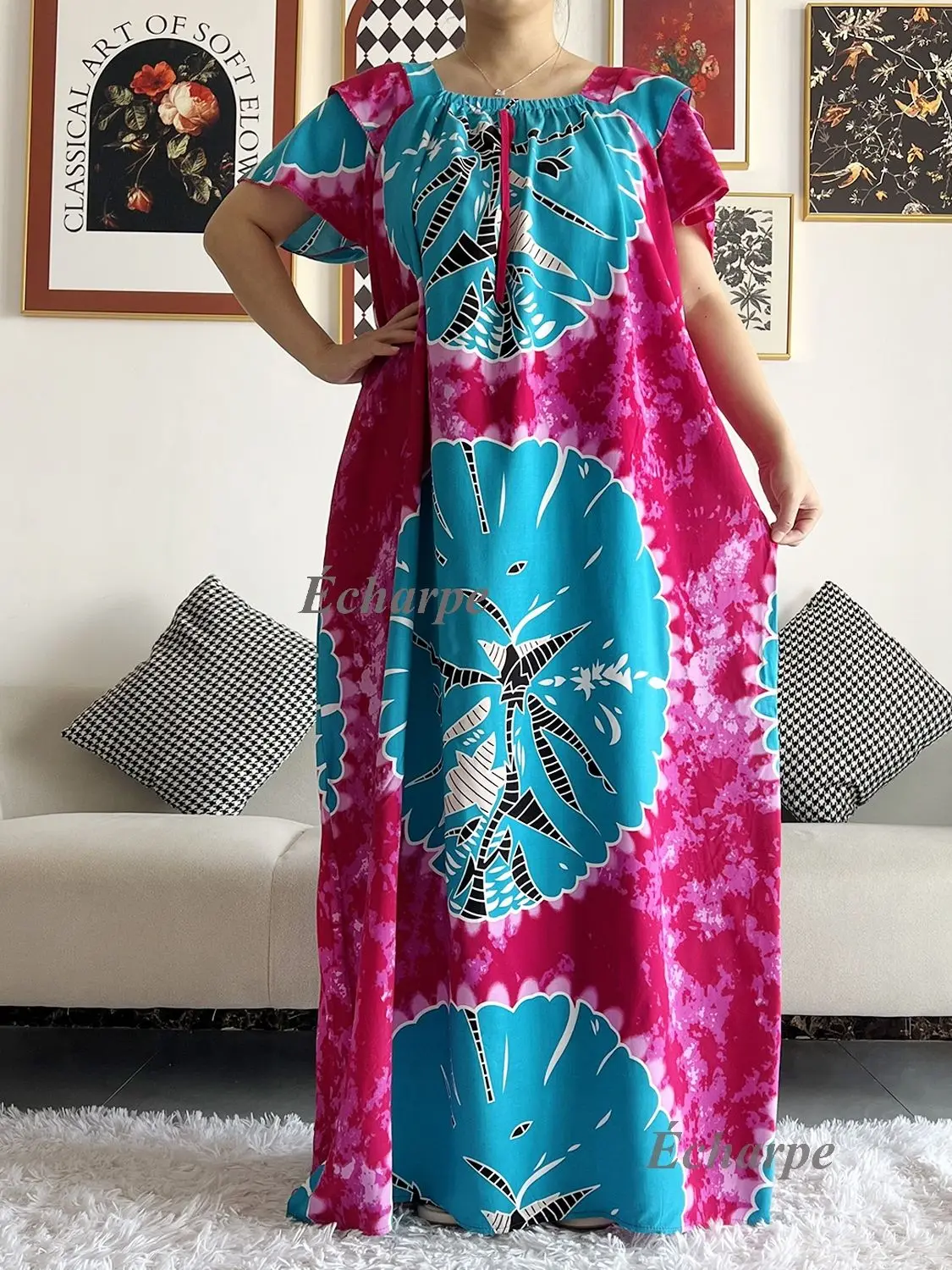2026 African Dashiki Dress Kaftan Abaya Cotton Boat-neck Floral Dress Printed Short Sleeve Loose Women Casual Dress with Scarf