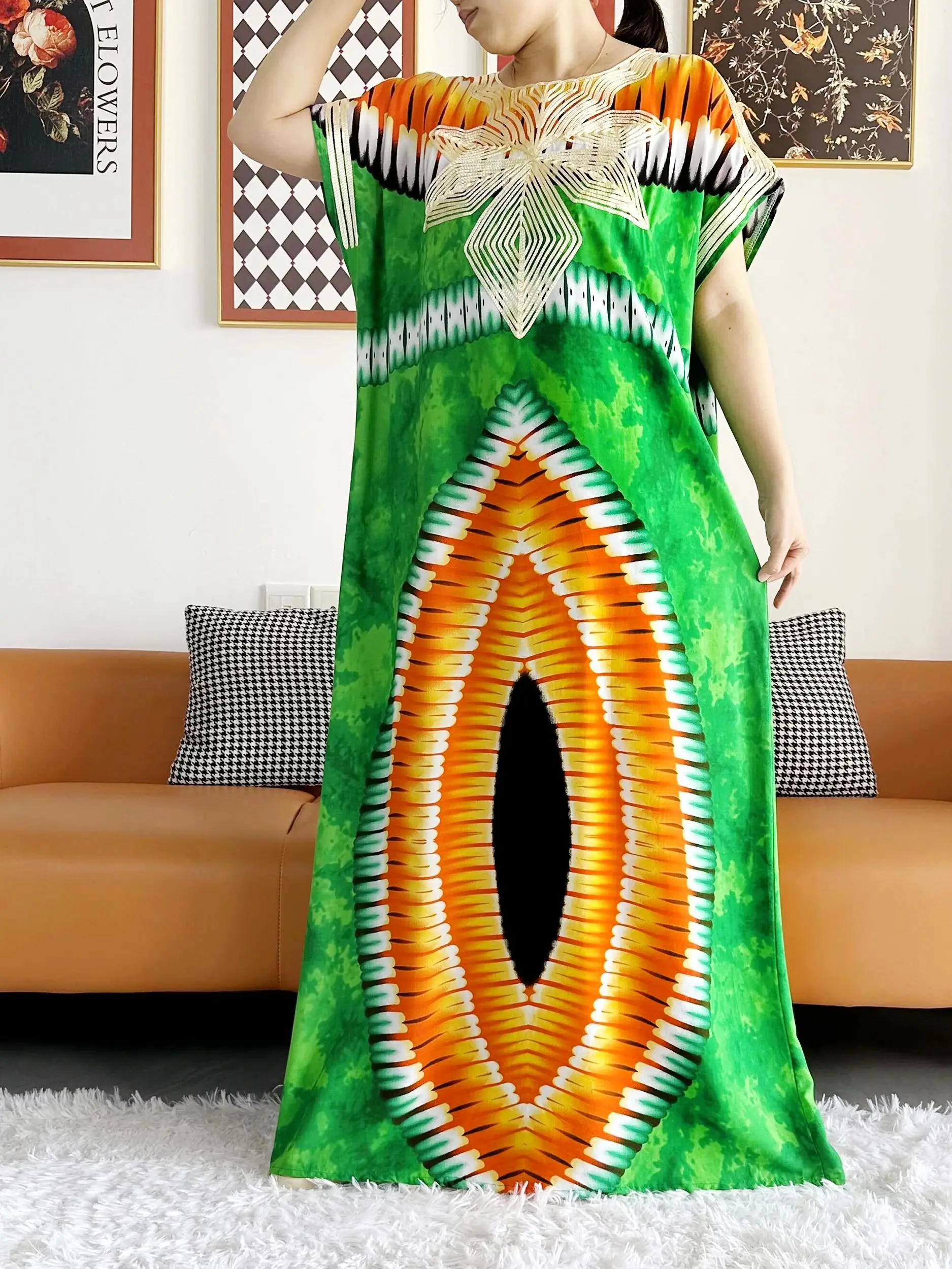 2026 African Dashiki Dress Kaftan Abaya Cotton Boat-neck Floral Dress Printed Short Sleeve Loose Women Casual Dress with Scarf