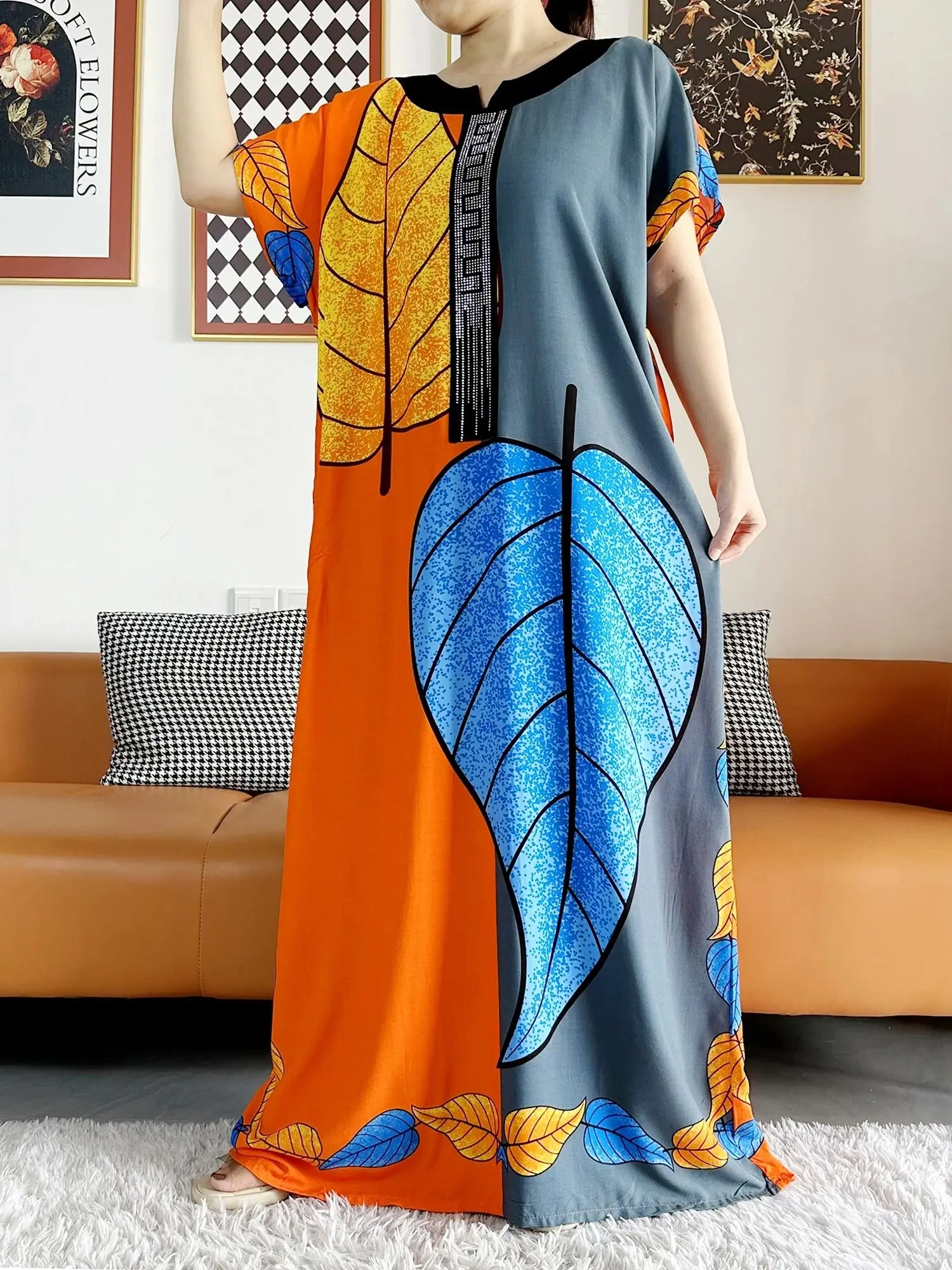 2026 African Dashiki Dress Kaftan Abaya Cotton Boat-neck Floral Dress Printed Short Sleeve Loose Women Casual Dress with Scarf