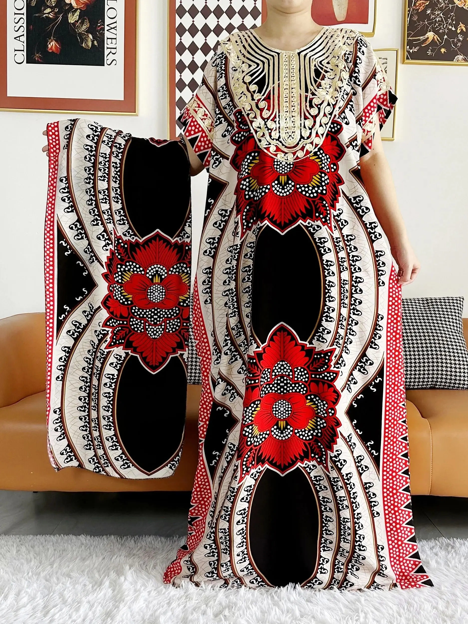 2026 African Dashiki Dress Kaftan Abaya Cotton Boat-neck Floral Dress Printed Short Sleeve Loose Women Casual Dress with Scarf