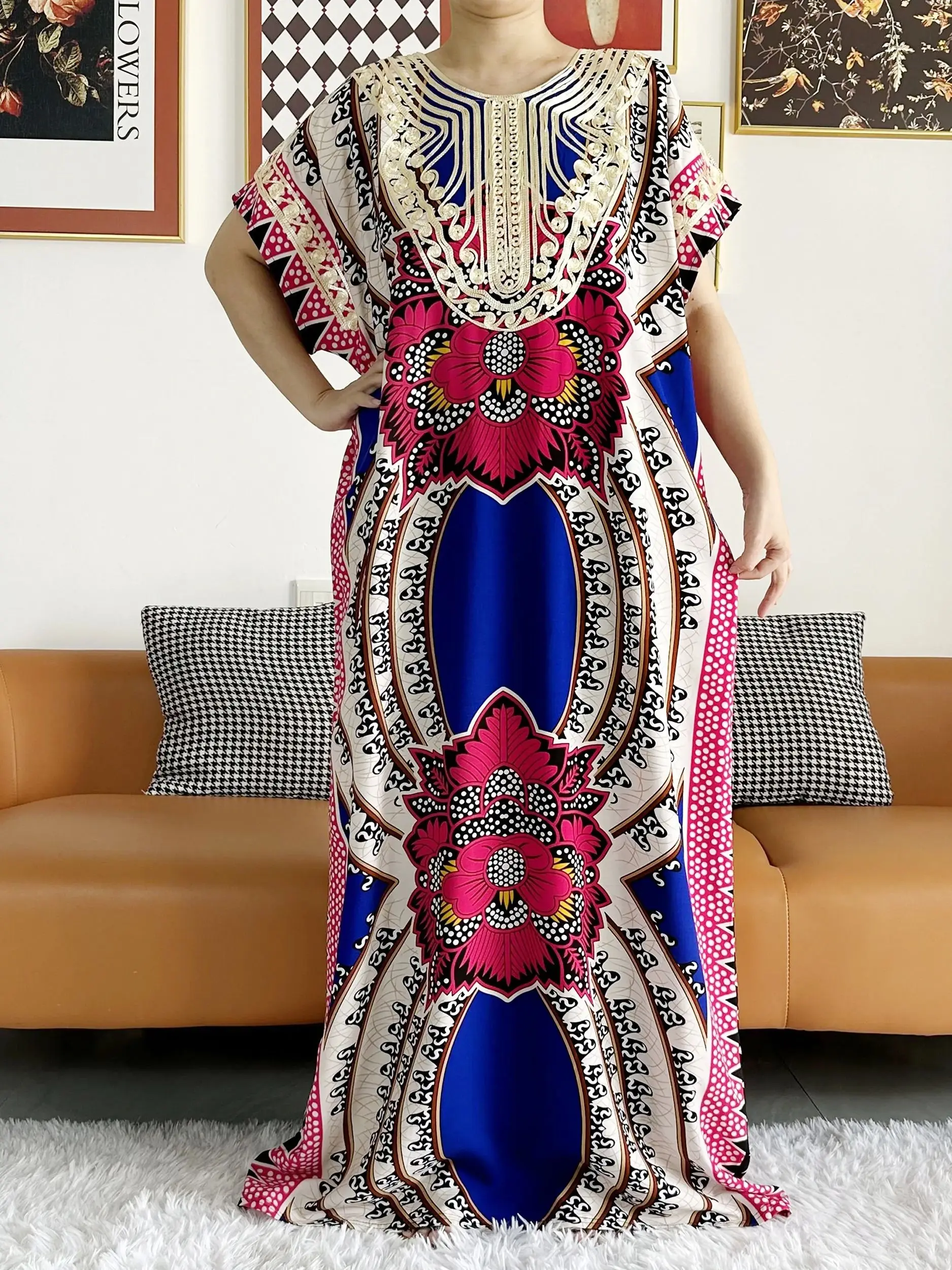 2026 African Dashiki Dress Kaftan Abaya Cotton Boat-neck Floral Dress Printed Short Sleeve Loose Women Casual Dress with Scarf