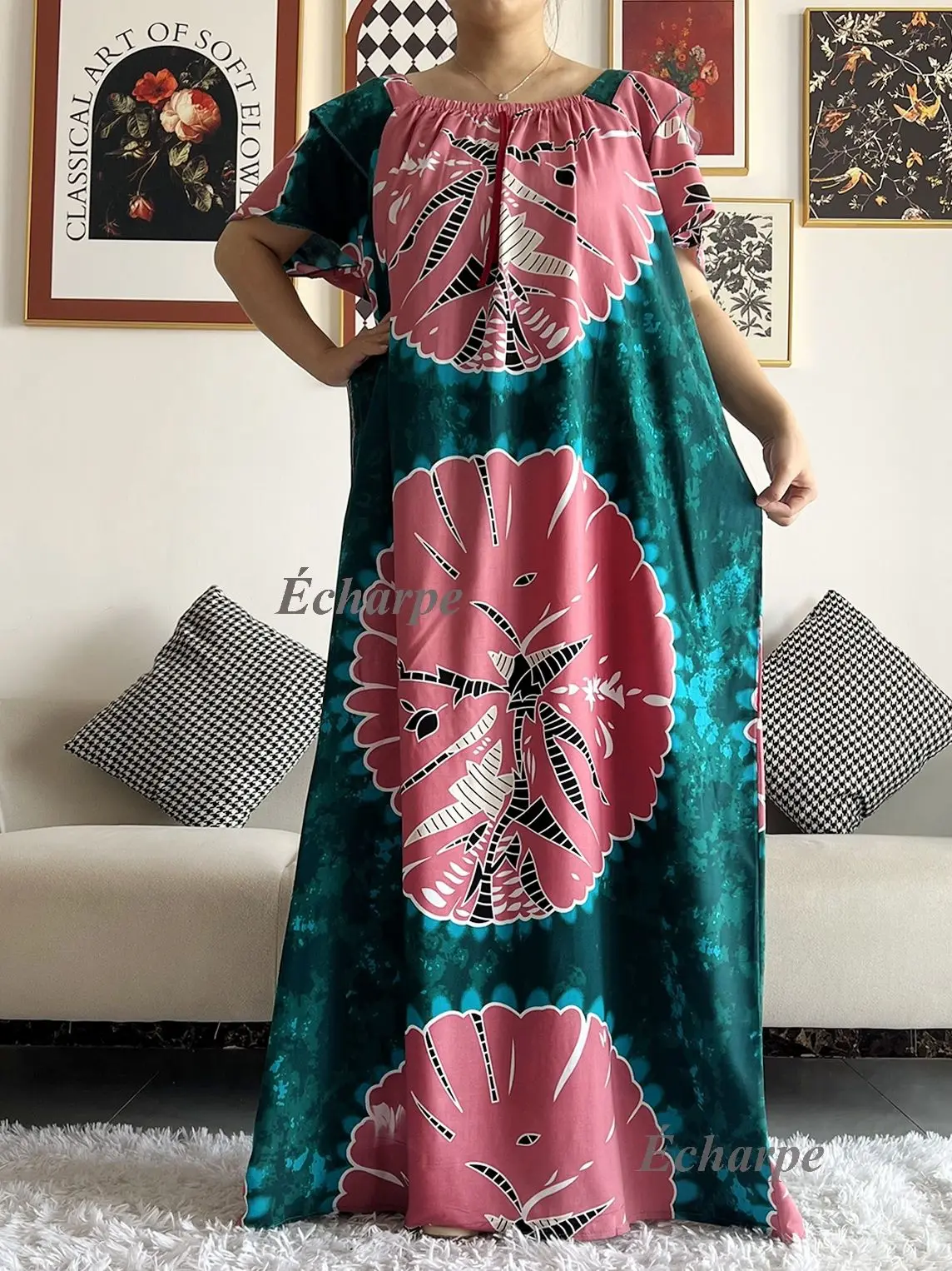2026 African Dashiki Dress Kaftan Abaya Cotton Boat-neck Floral Dress Printed Short Sleeve Loose Women Casual Dress with Scarf