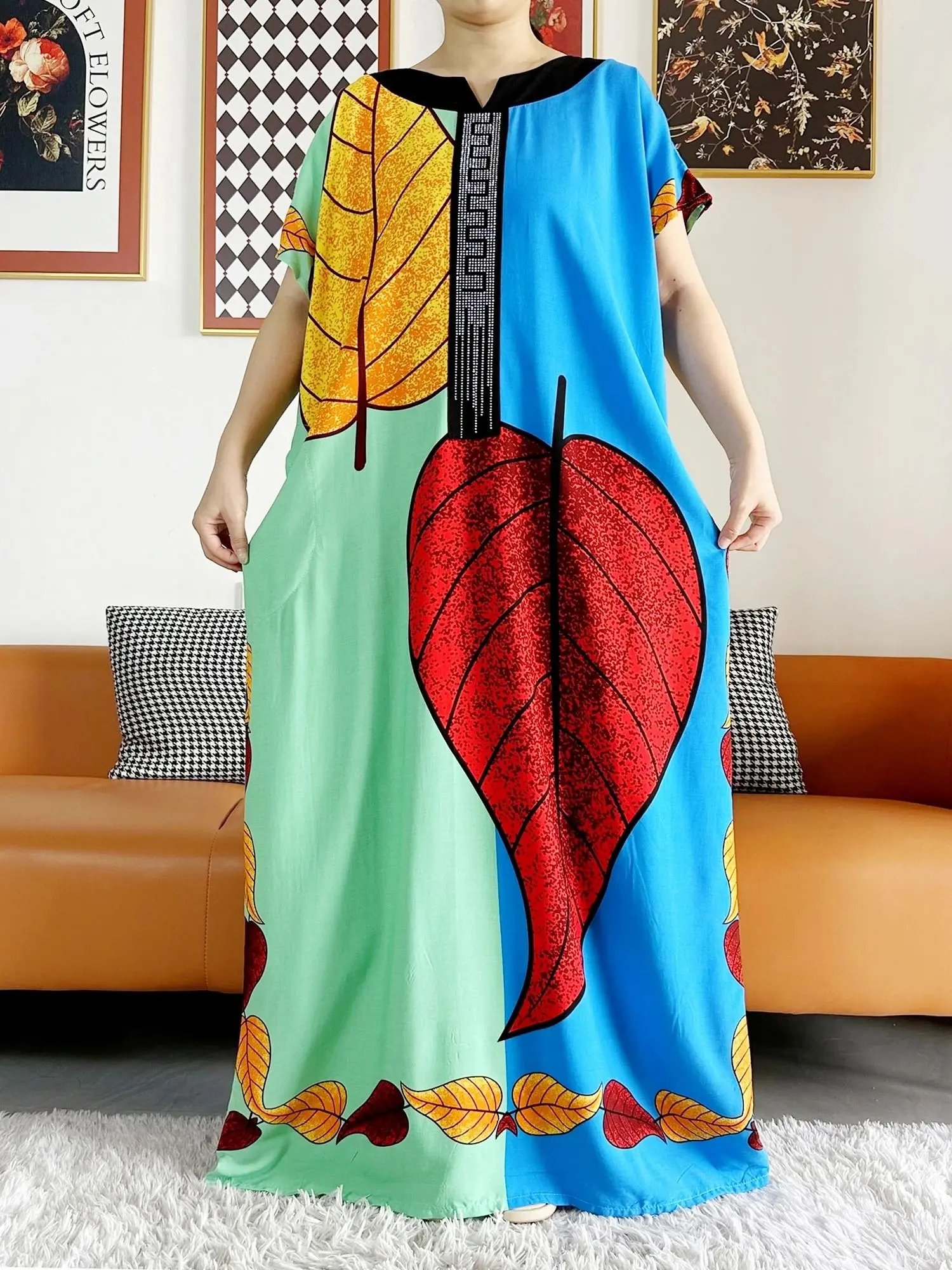2026 African Dashiki Dress Kaftan Abaya Cotton Boat-neck Floral Dress Printed Short Sleeve Loose Women Casual Dress with Scarf