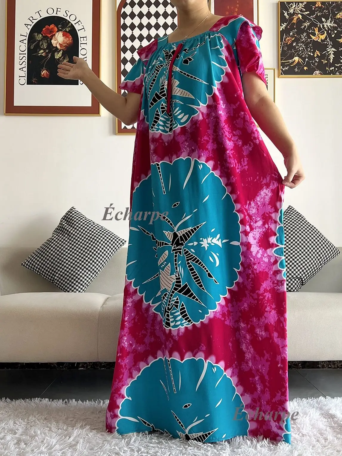 2026 African Dashiki Dress Kaftan Abaya Cotton Boat-neck Floral Dress Printed Short Sleeve Loose Women Casual Dress with Scarf