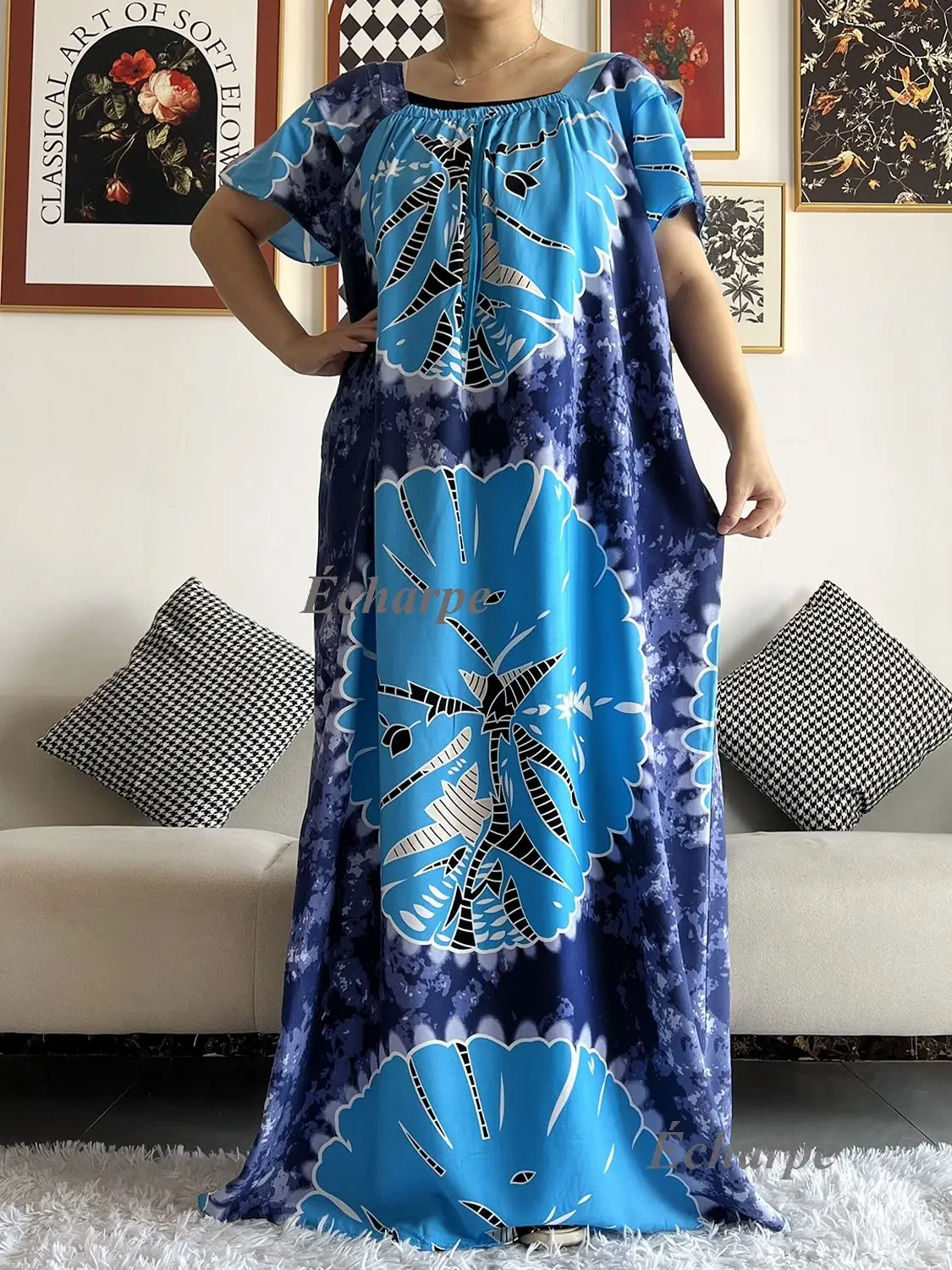 2026 African Dashiki Dress Kaftan Abaya Cotton Boat-neck Floral Dress Printed Short Sleeve Loose Women Casual Dress with Scarf