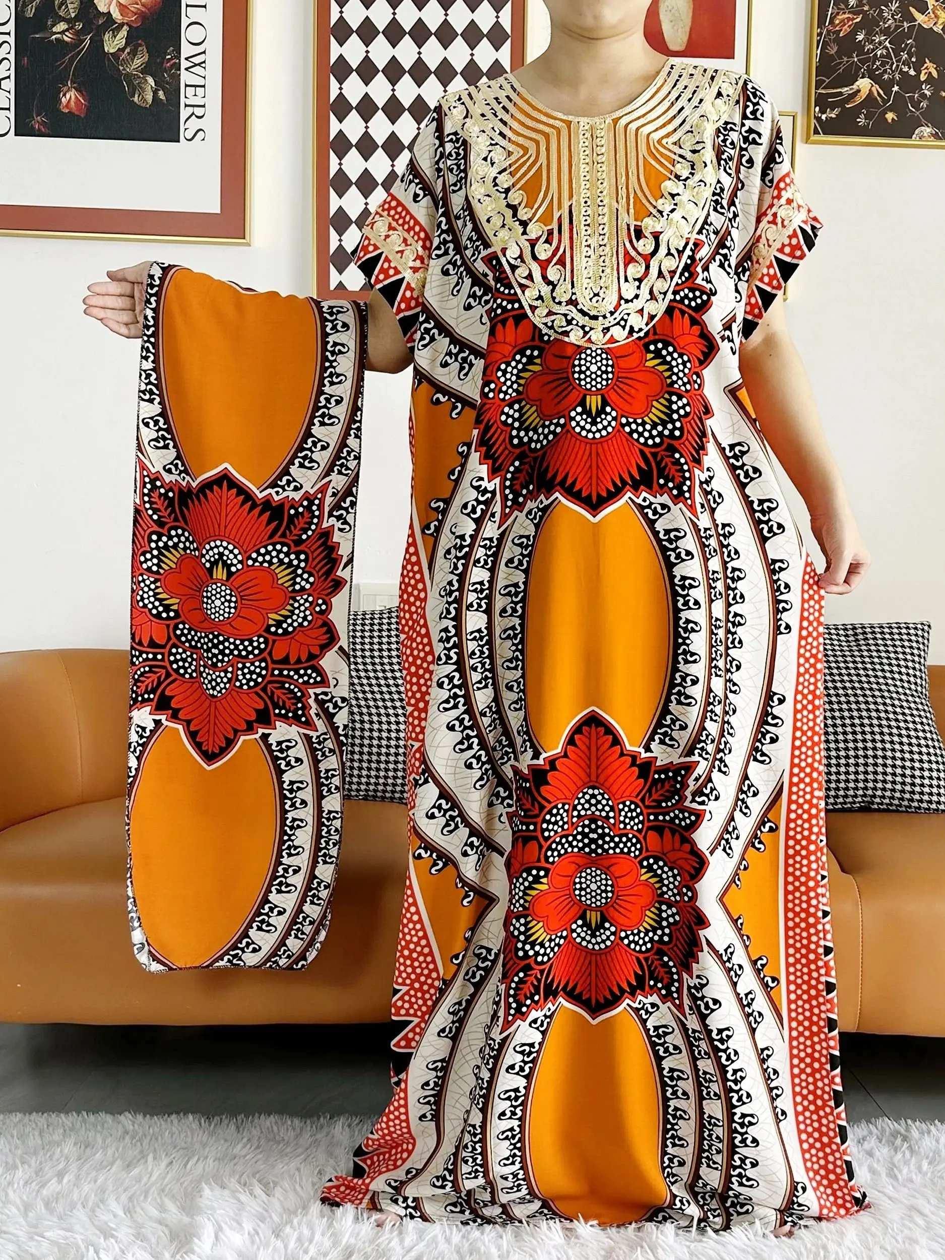 2026 African Dashiki Dress Kaftan Abaya Cotton Boat-neck Floral Dress Printed Short Sleeve Loose Women Casual Dress with Scarf