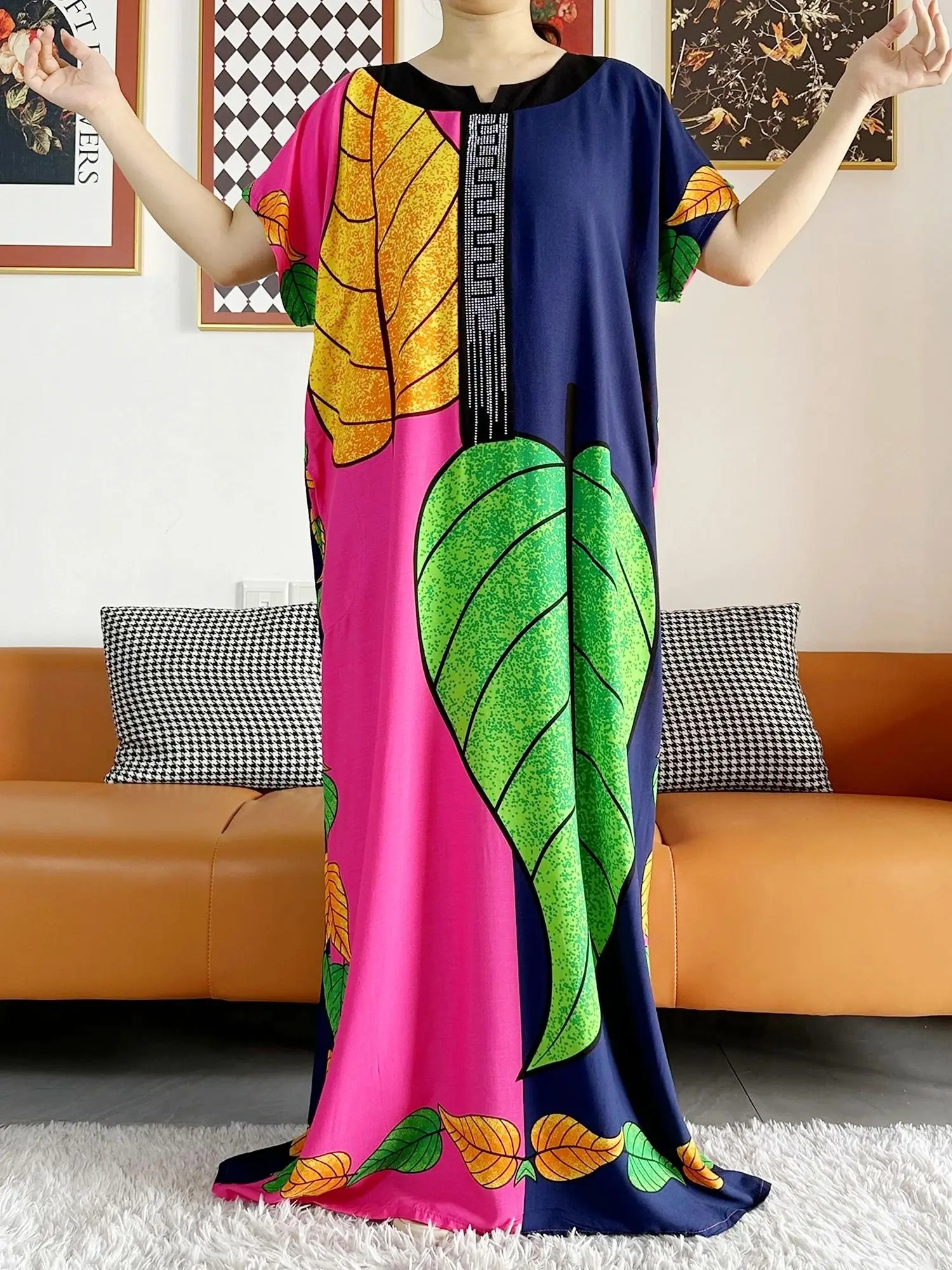 2026 African Dashiki Dress Kaftan Abaya Cotton Boat-neck Floral Dress Printed Short Sleeve Loose Women Casual Dress with Scarf