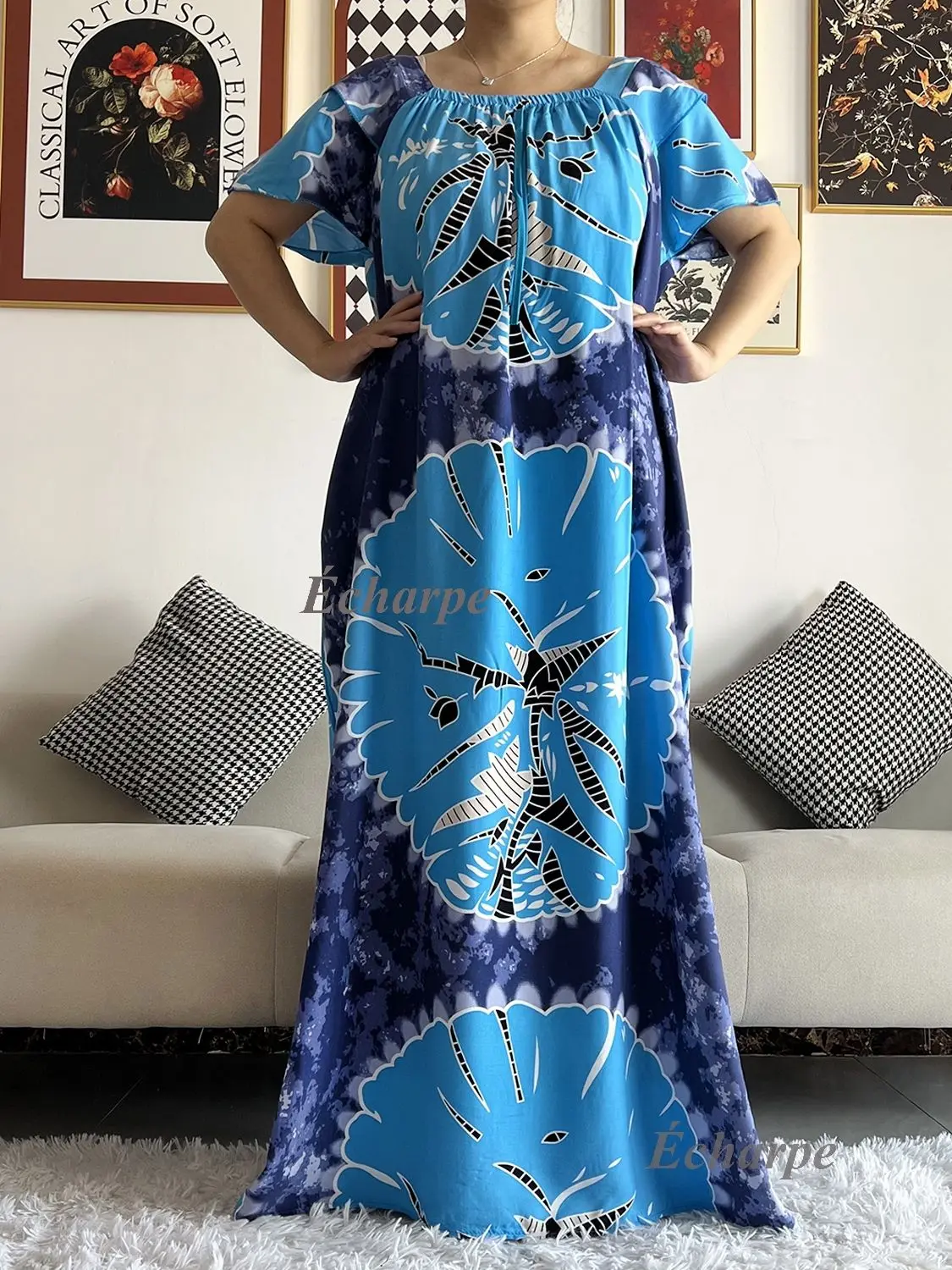 2026 African Dashiki Dress Kaftan Abaya Cotton Boat-neck Floral Dress Printed Short Sleeve Loose Women Casual Dress with Scarf