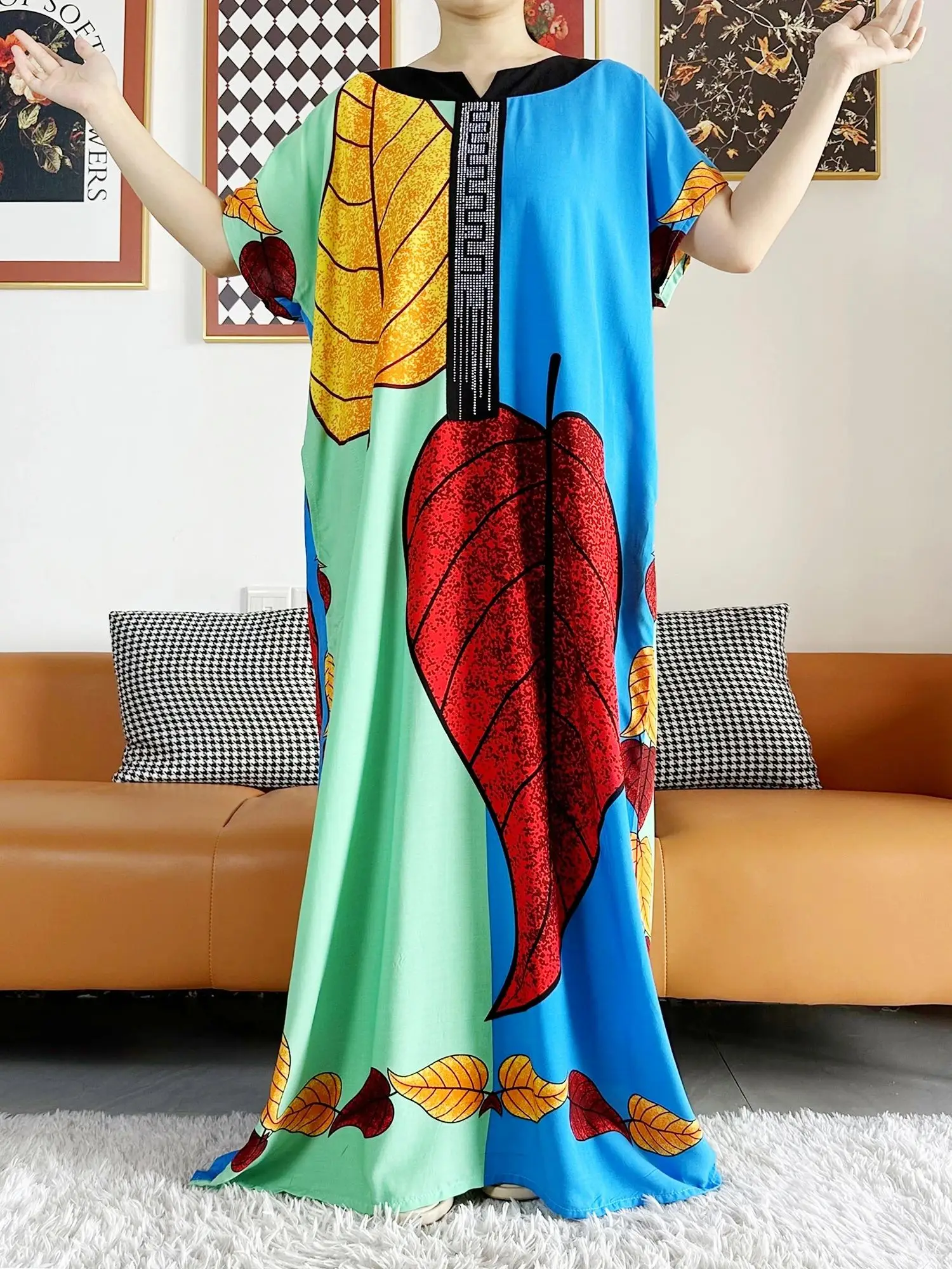 2026 African Dashiki Dress Kaftan Abaya Cotton Boat-neck Floral Dress Printed Short Sleeve Loose Women Casual Dress with Scarf