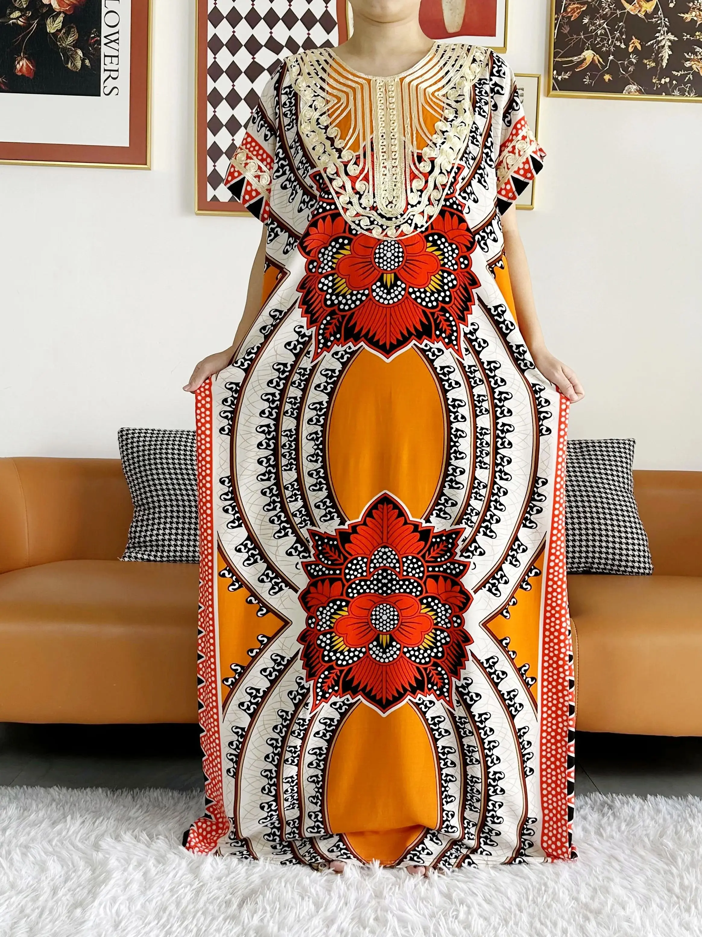 2026 African Dashiki Dress Kaftan Abaya Cotton Boat-neck Floral Dress Printed Short Sleeve Loose Women Casual Dress with Scarf