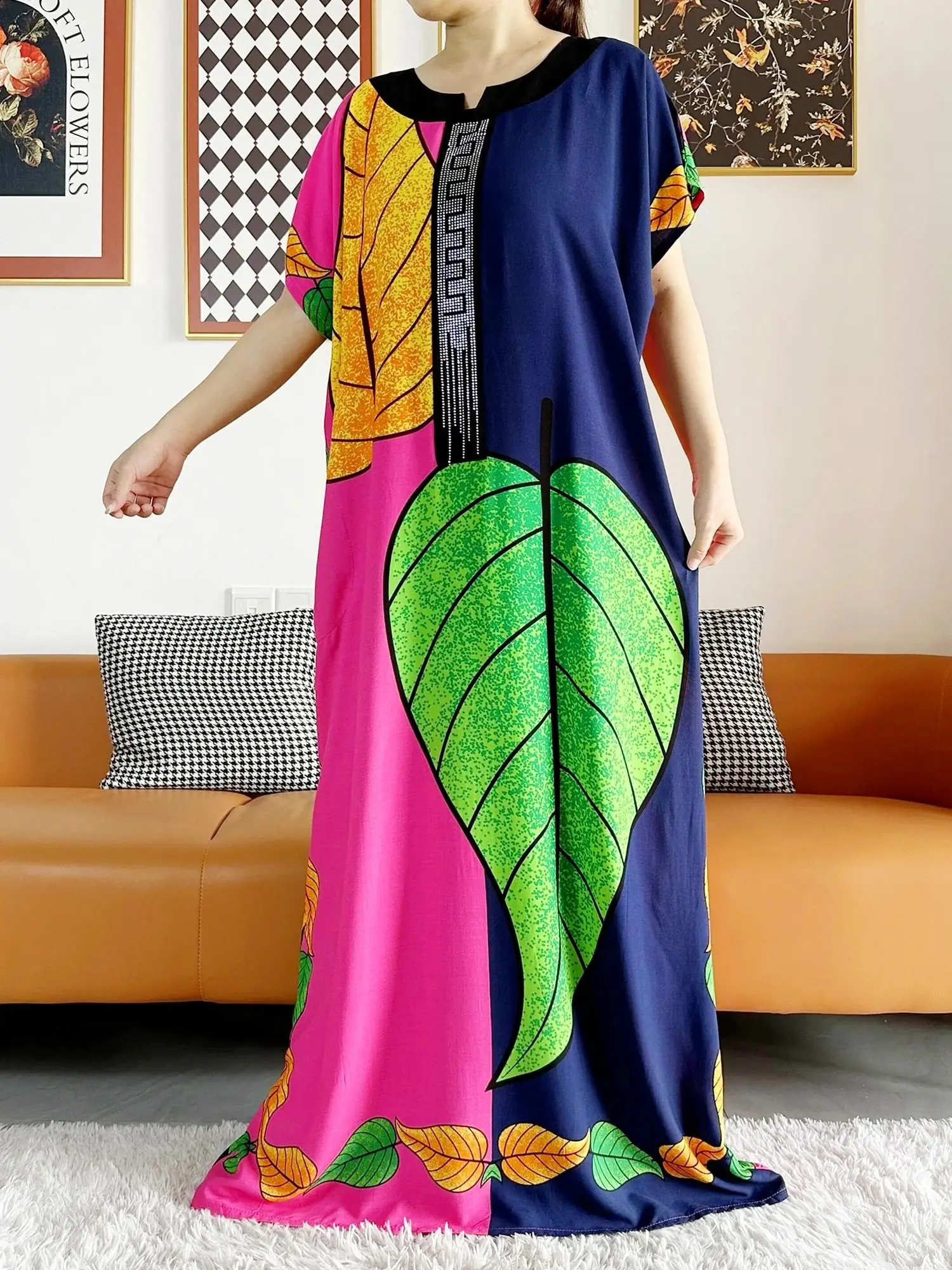 2026 African Dashiki Dress Kaftan Abaya Cotton Boat-neck Floral Dress Printed Short Sleeve Loose Women Casual Dress with Scarf