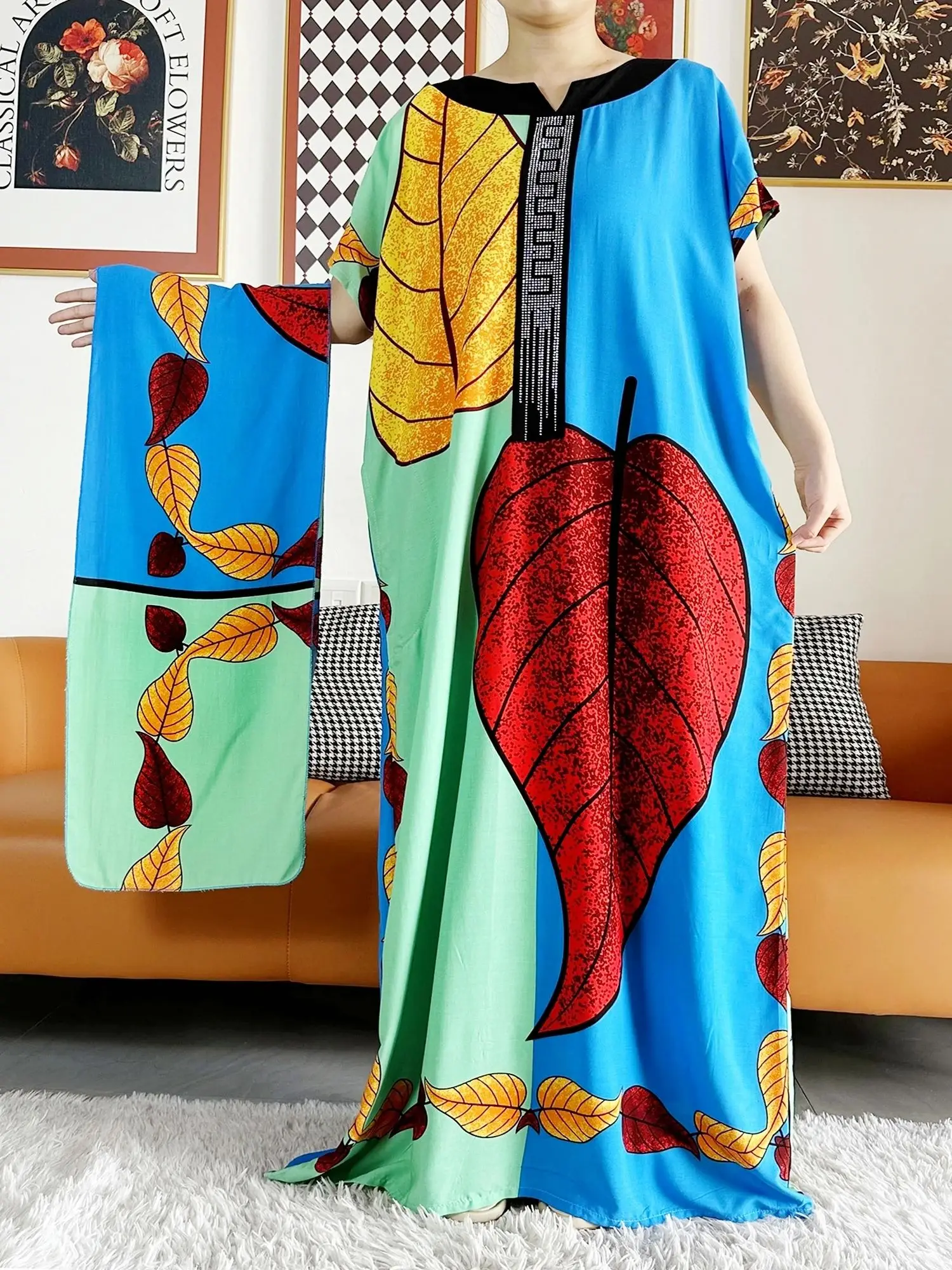 2026 African Dashiki Dress Kaftan Abaya Cotton Boat-neck Floral Dress Printed Short Sleeve Loose Women Casual Dress with Scarf