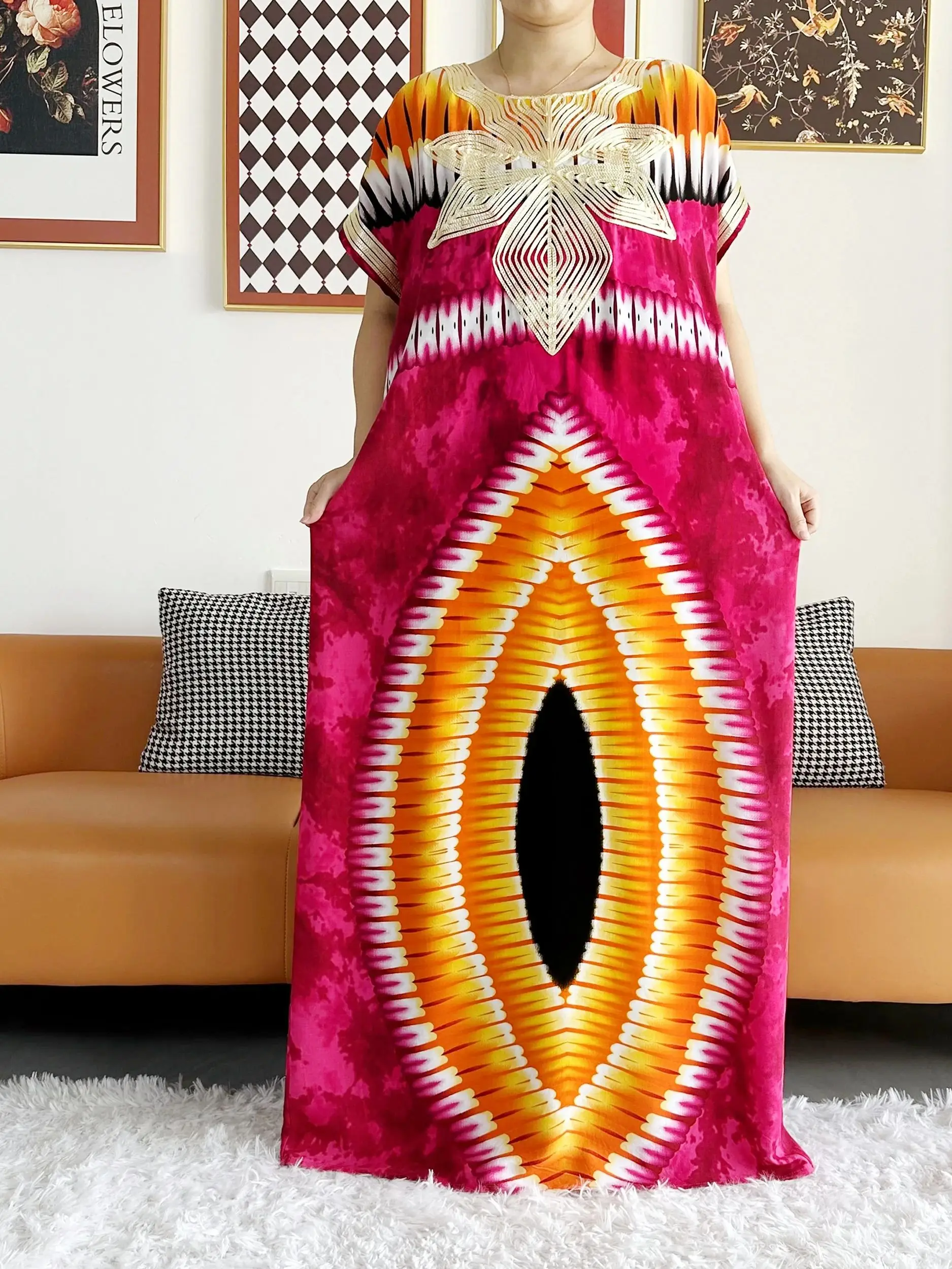 2026 African Dashiki Dress Kaftan Abaya Cotton Boat-neck Floral Dress Printed Short Sleeve Loose Women Casual Dress with Scarf