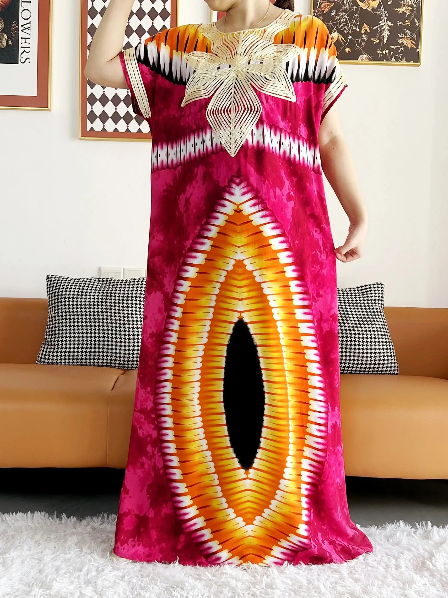2026 African Dashiki Dress Kaftan Abaya Cotton Boat-neck Floral Dress Printed Short Sleeve Loose Women Casual Dress with Scarf