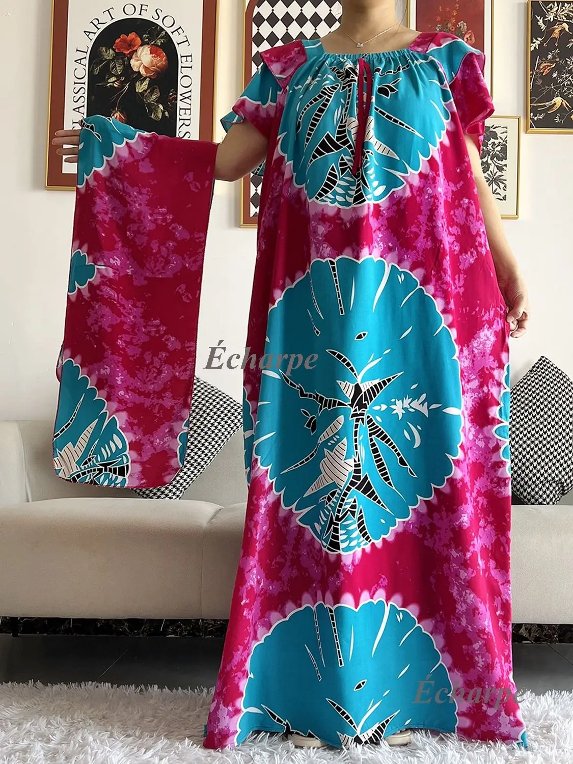 2026 African Dashiki Dress Kaftan Abaya Cotton Boat-neck Floral Dress Printed Short Sleeve Loose Women Casual Dress with Scarf
