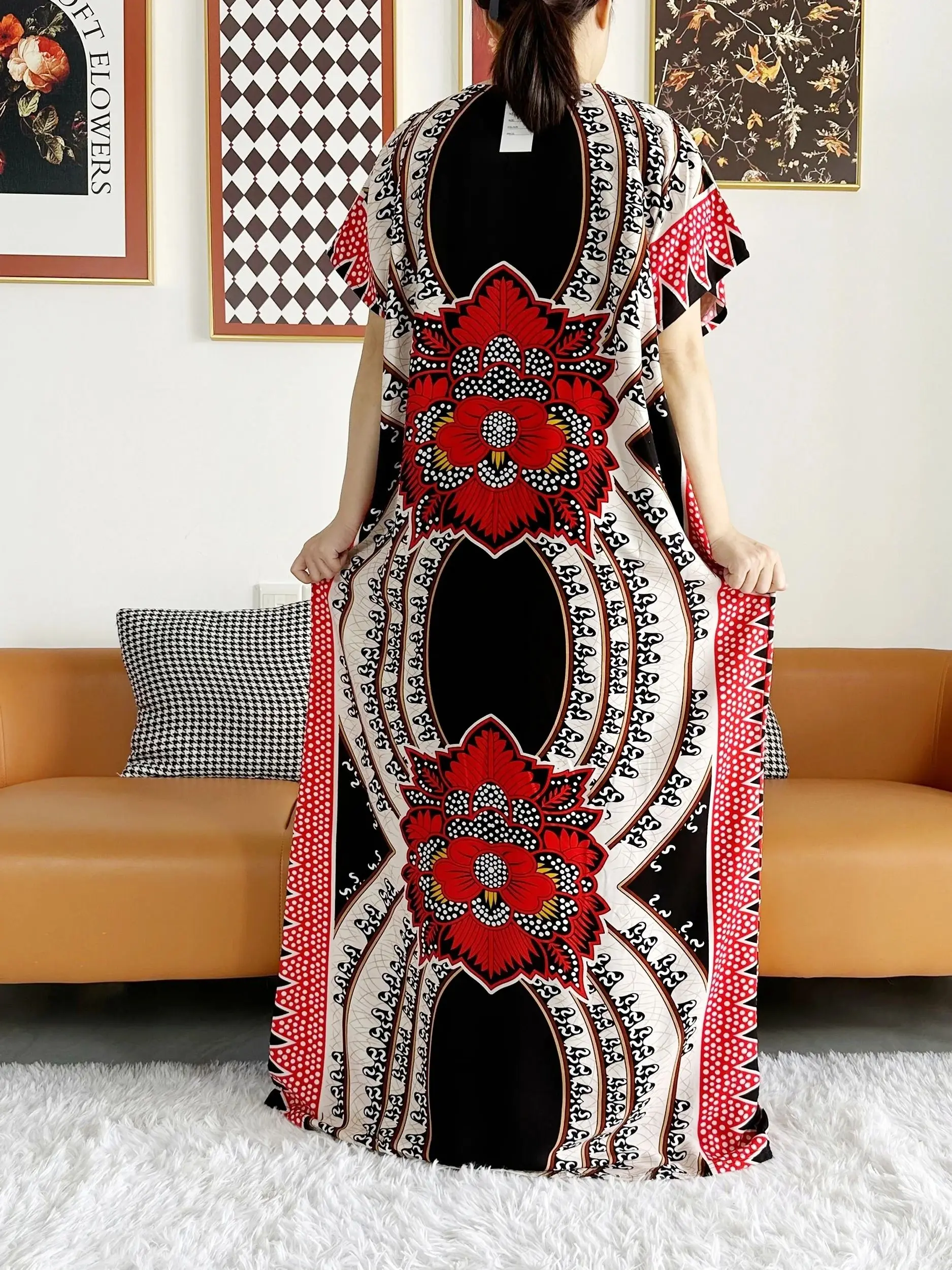 2026 African Dashiki Dress Kaftan Abaya Cotton Boat-neck Floral Dress Printed Short Sleeve Loose Women Casual Dress with Scarf