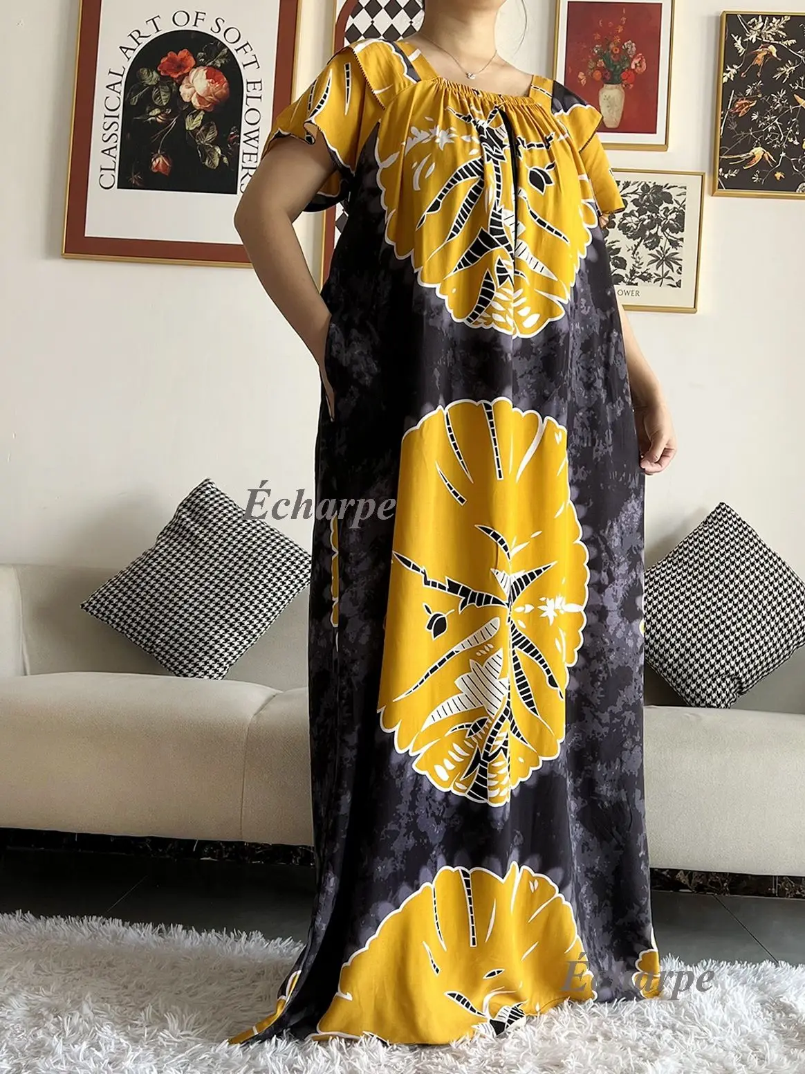 2026 African Dashiki Dress Kaftan Abaya Cotton Boat-neck Floral Dress Printed Short Sleeve Loose Women Casual Dress with Scarf