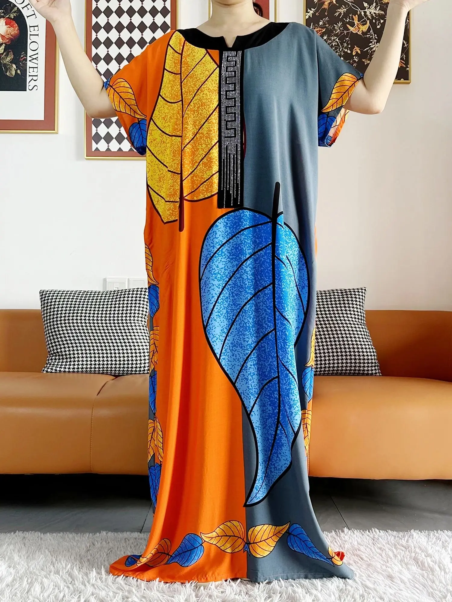 2026 African Dashiki Dress Kaftan Abaya Cotton Boat-neck Floral Dress Printed Short Sleeve Loose Women Casual Dress with Scarf
