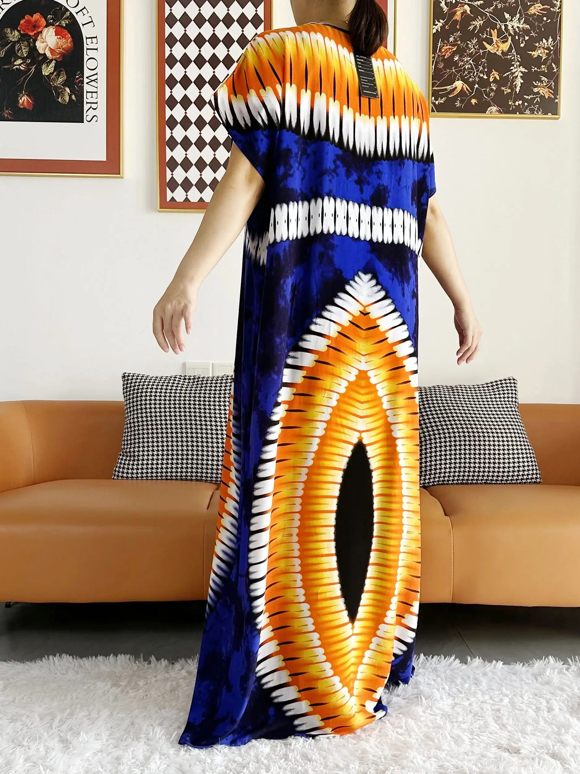 2026 African Dashiki Dress Kaftan Abaya Cotton Boat-neck Floral Dress Printed Short Sleeve Loose Women Casual Dress with Scarf