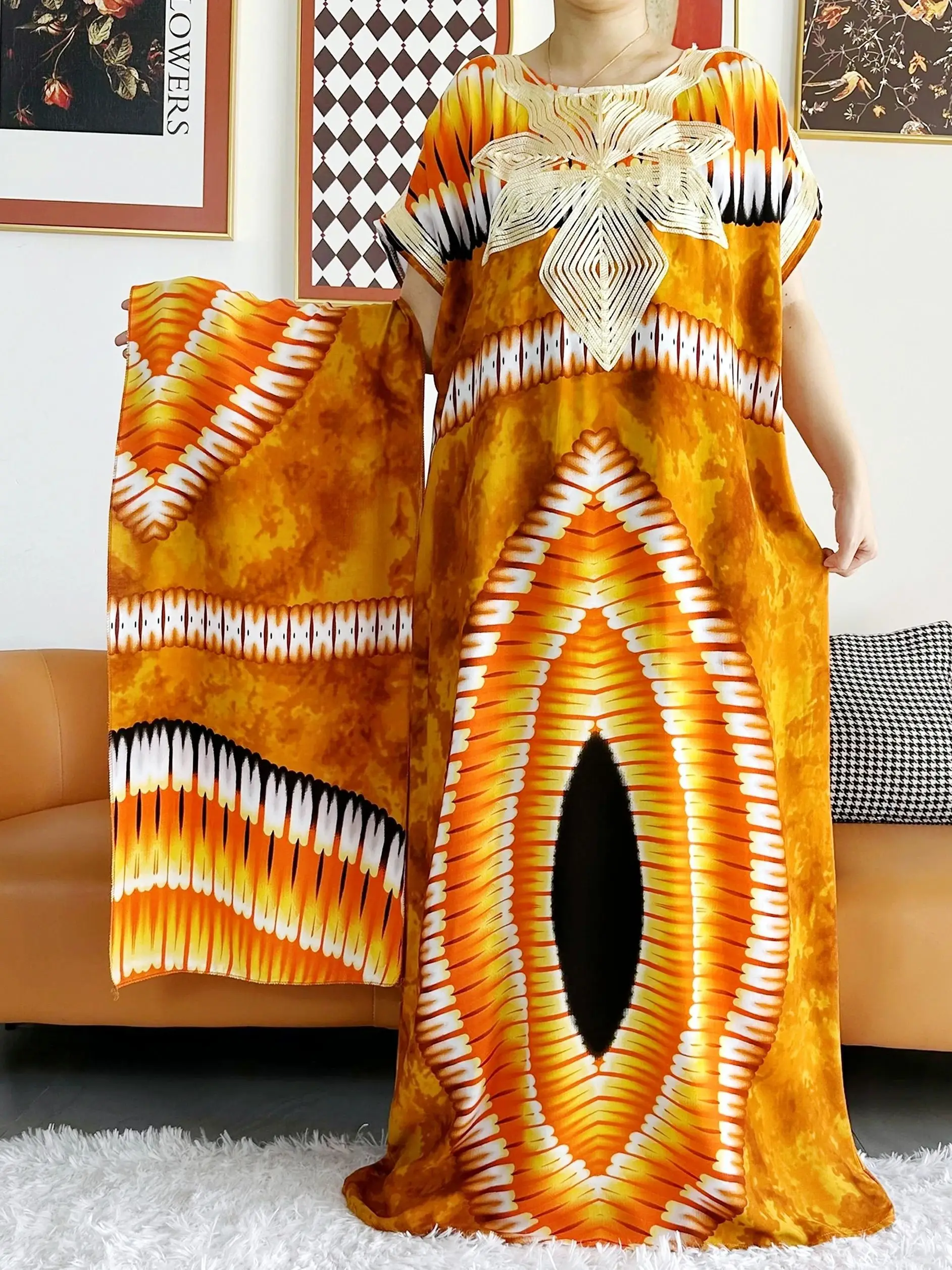 2026 African Dashiki Dress Kaftan Abaya Cotton Boat-neck Floral Dress Printed Short Sleeve Loose Women Casual Dress with Scarf