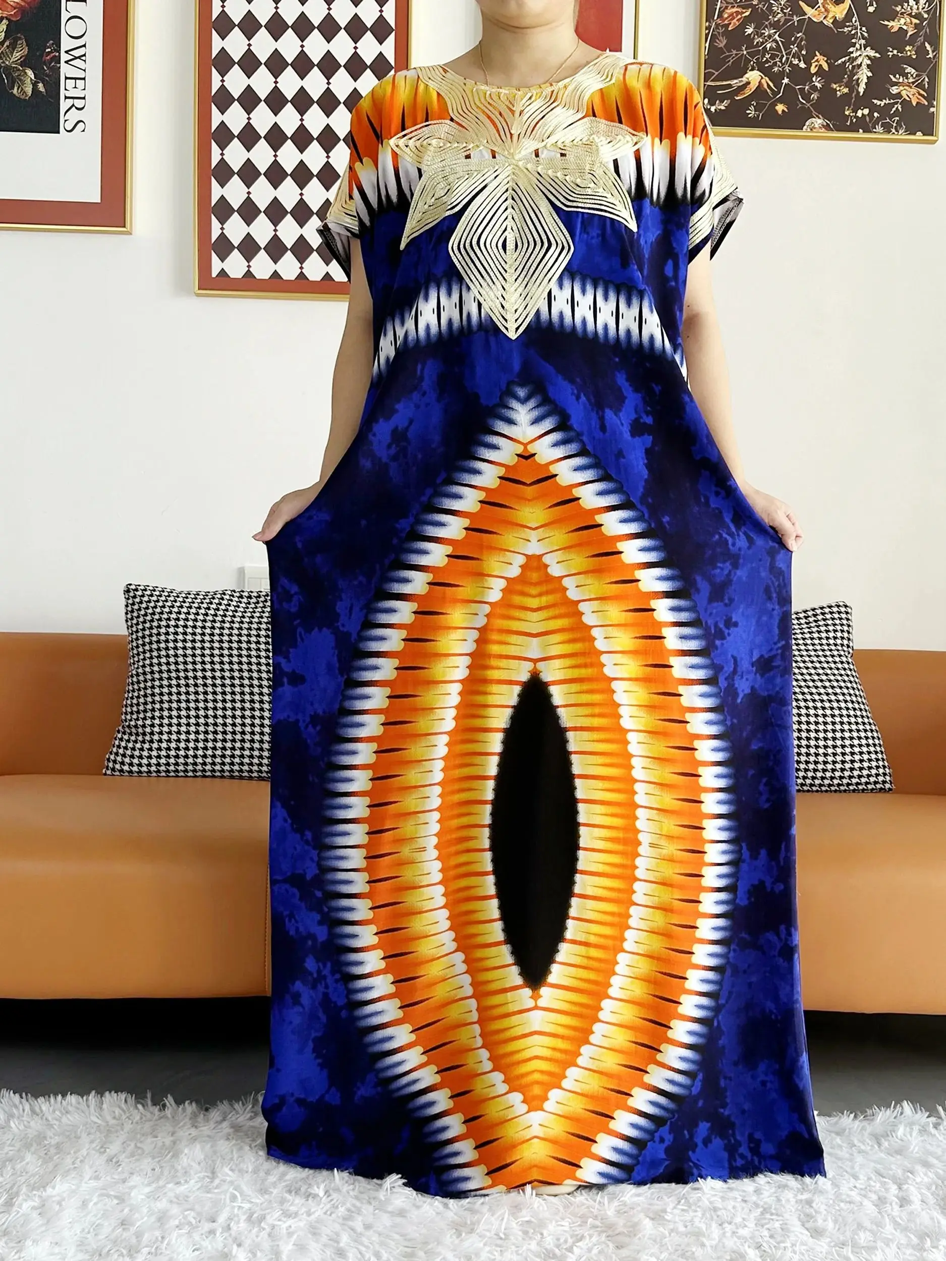 2026 African Dashiki Dress Kaftan Abaya Cotton Boat-neck Floral Dress Printed Short Sleeve Loose Women Casual Dress with Scarf