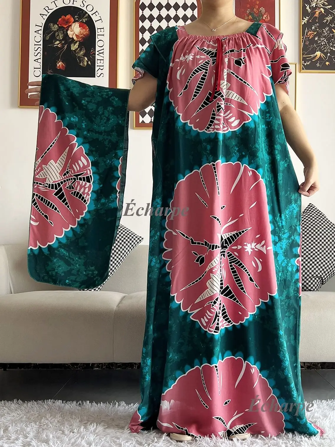 2026 African Dashiki Dress Kaftan Abaya Cotton Boat-neck Floral Dress Printed Short Sleeve Loose Women Casual Dress with Scarf