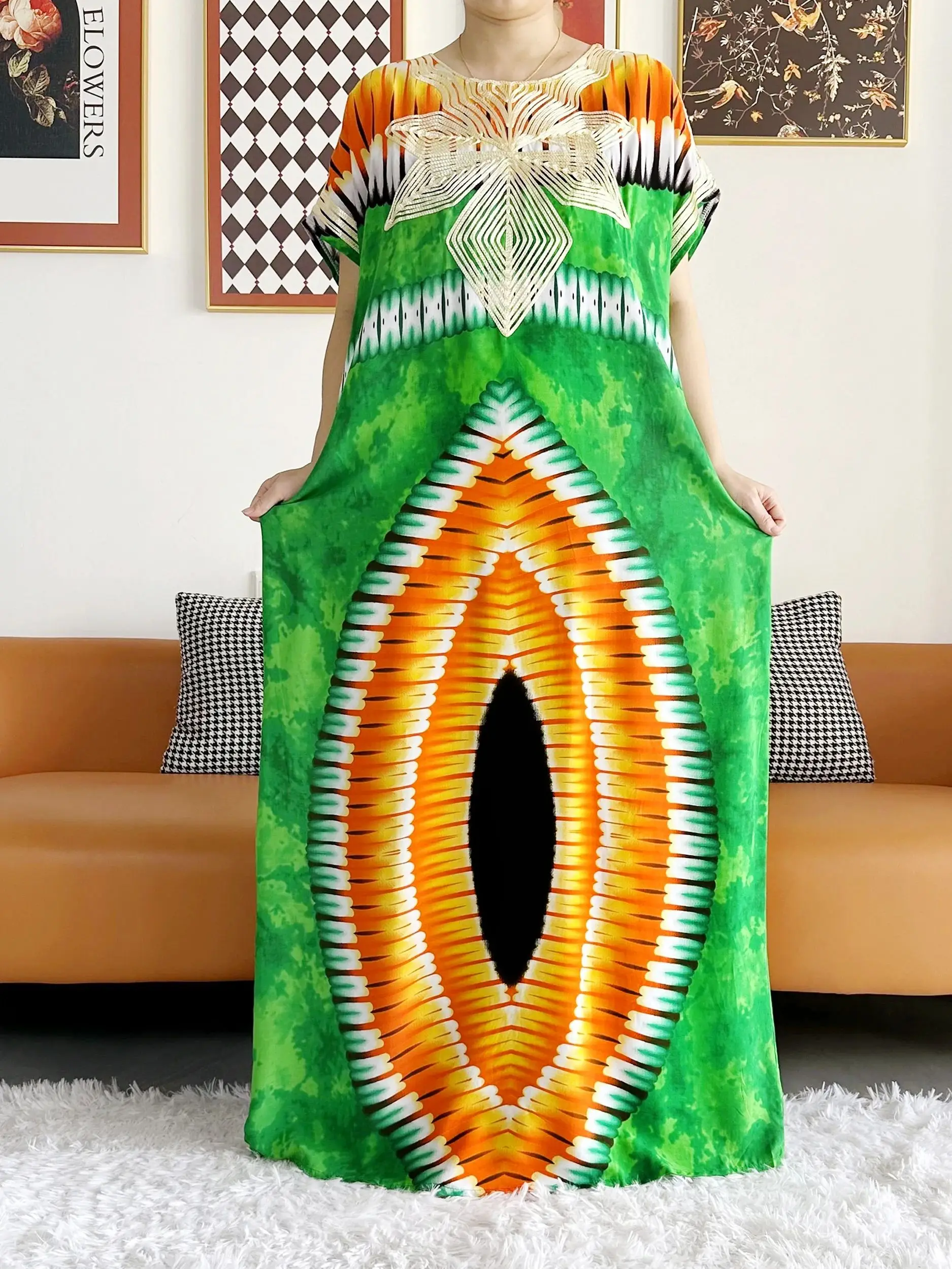 2026 African Dashiki Dress Kaftan Abaya Cotton Boat-neck Floral Dress Printed Short Sleeve Loose Women Casual Dress with Scarf
