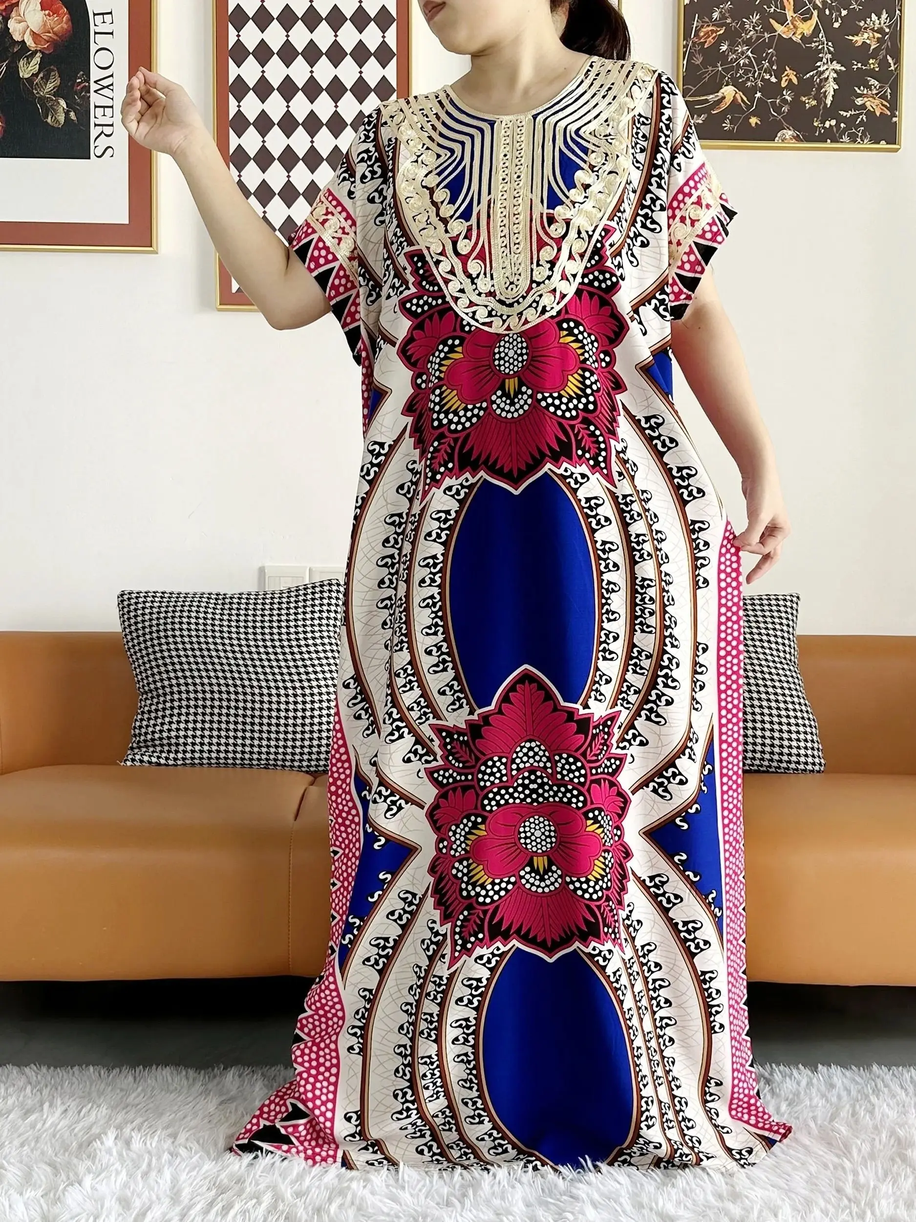 2026 African Dashiki Dress Kaftan Abaya Cotton Boat-neck Floral Dress Printed Short Sleeve Loose Women Casual Dress with Scarf