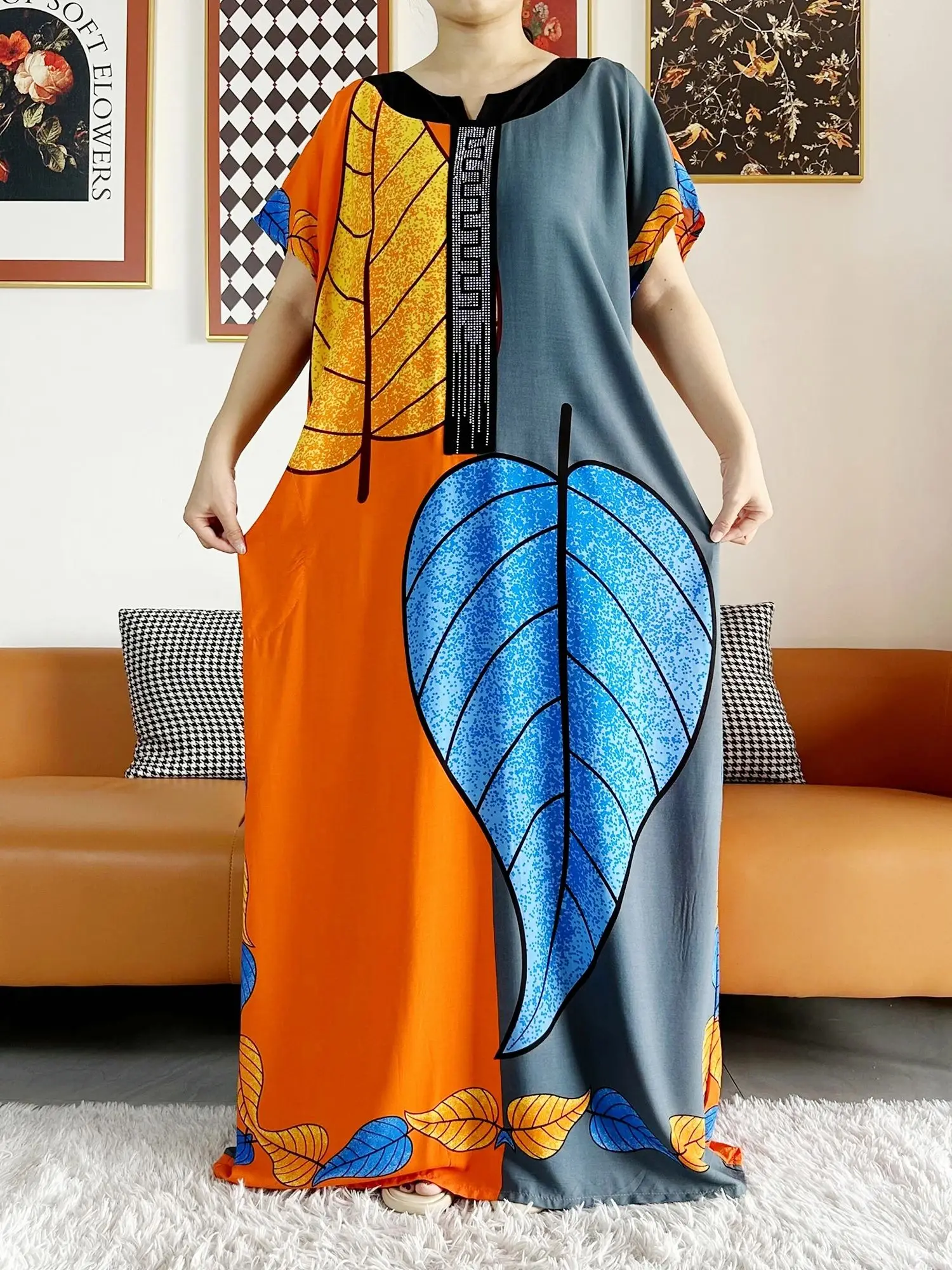 2026 African Dashiki Dress Kaftan Abaya Cotton Boat-neck Floral Dress Printed Short Sleeve Loose Women Casual Dress with Scarf