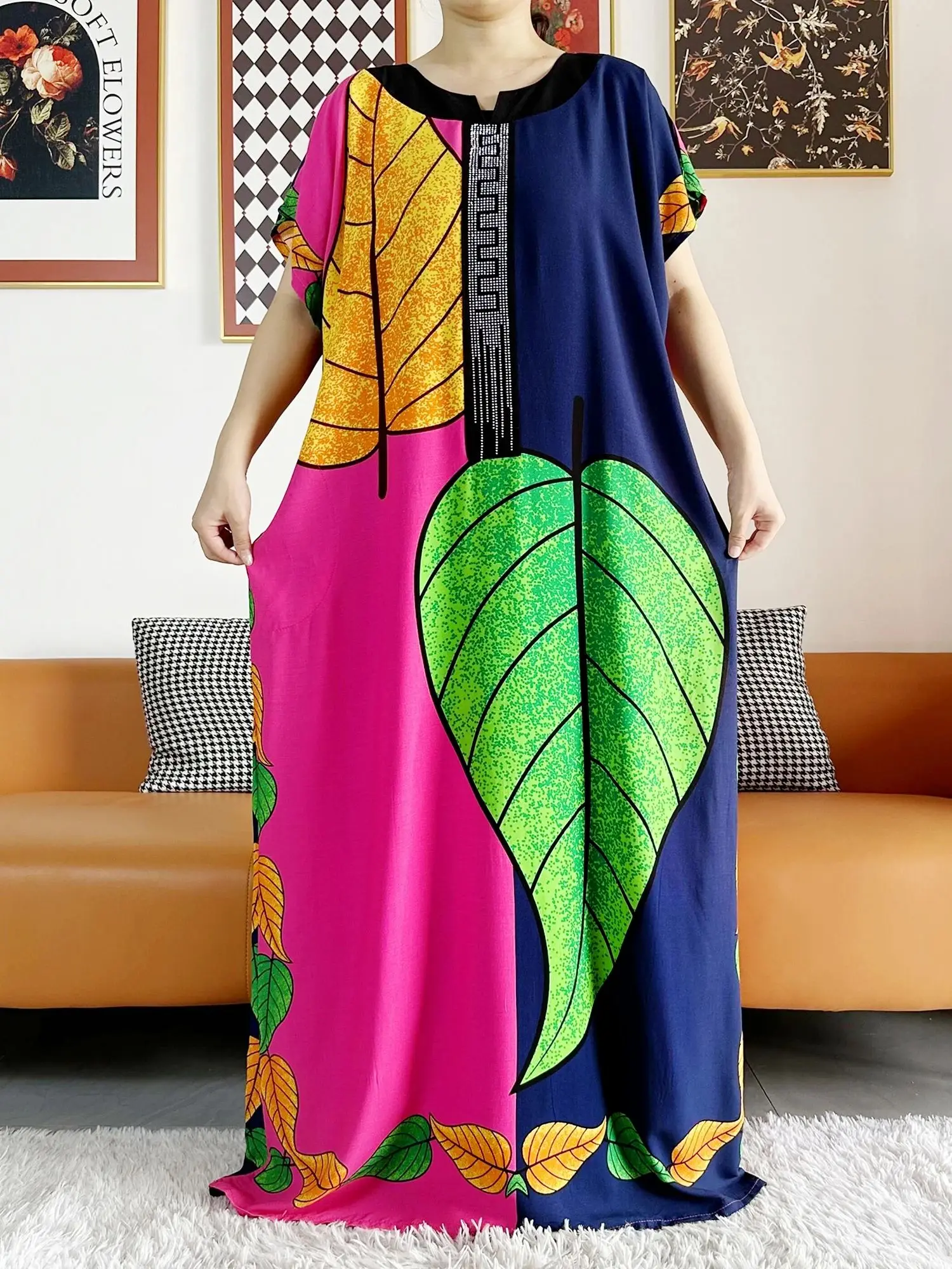2026 African Dashiki Dress Kaftan Abaya Cotton Boat-neck Floral Dress Printed Short Sleeve Loose Women Casual Dress with Scarf