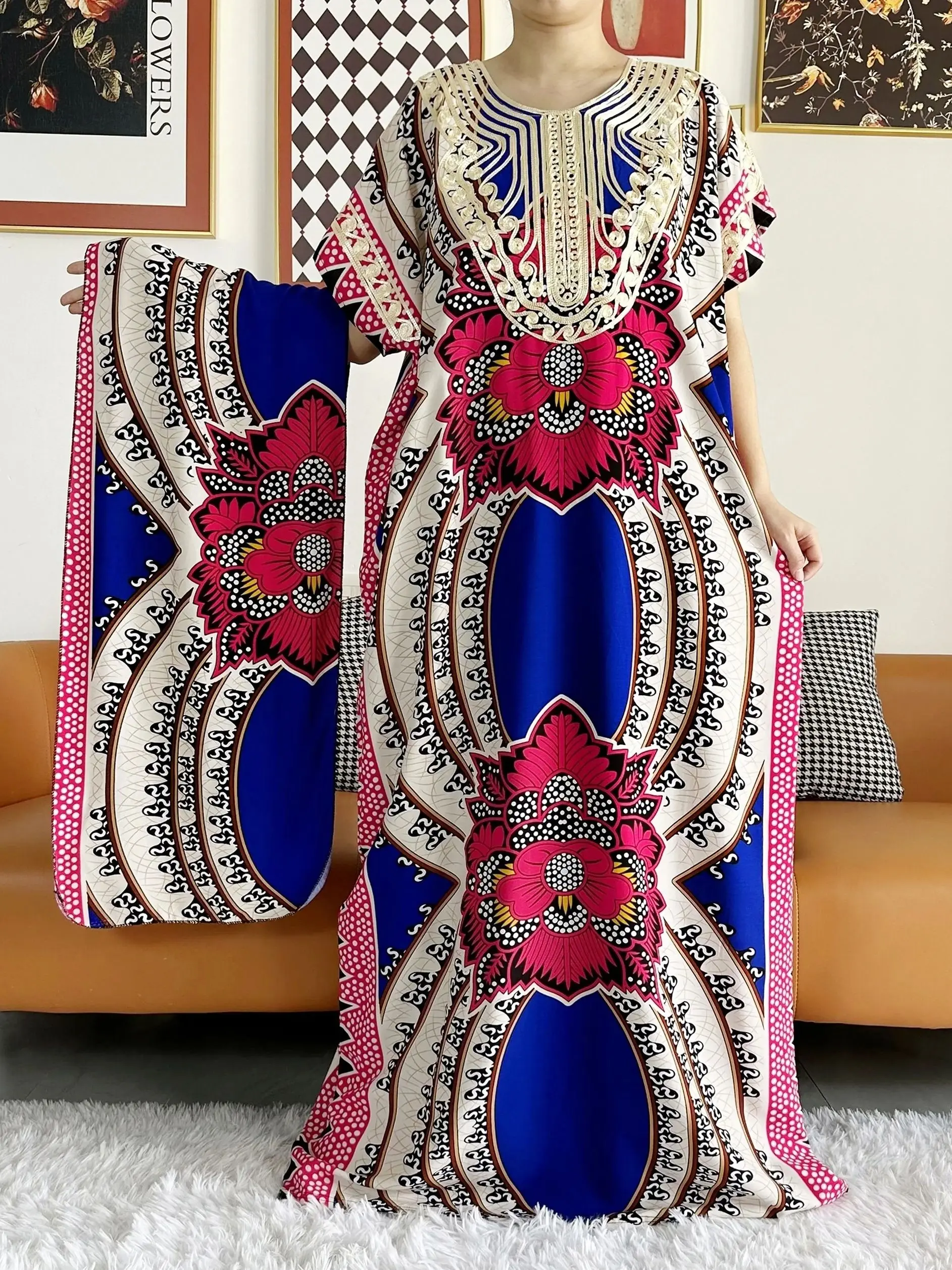 2026 African Dashiki Dress Kaftan Abaya Cotton Boat-neck Floral Dress Printed Short Sleeve Loose Women Casual Dress with Scarf
