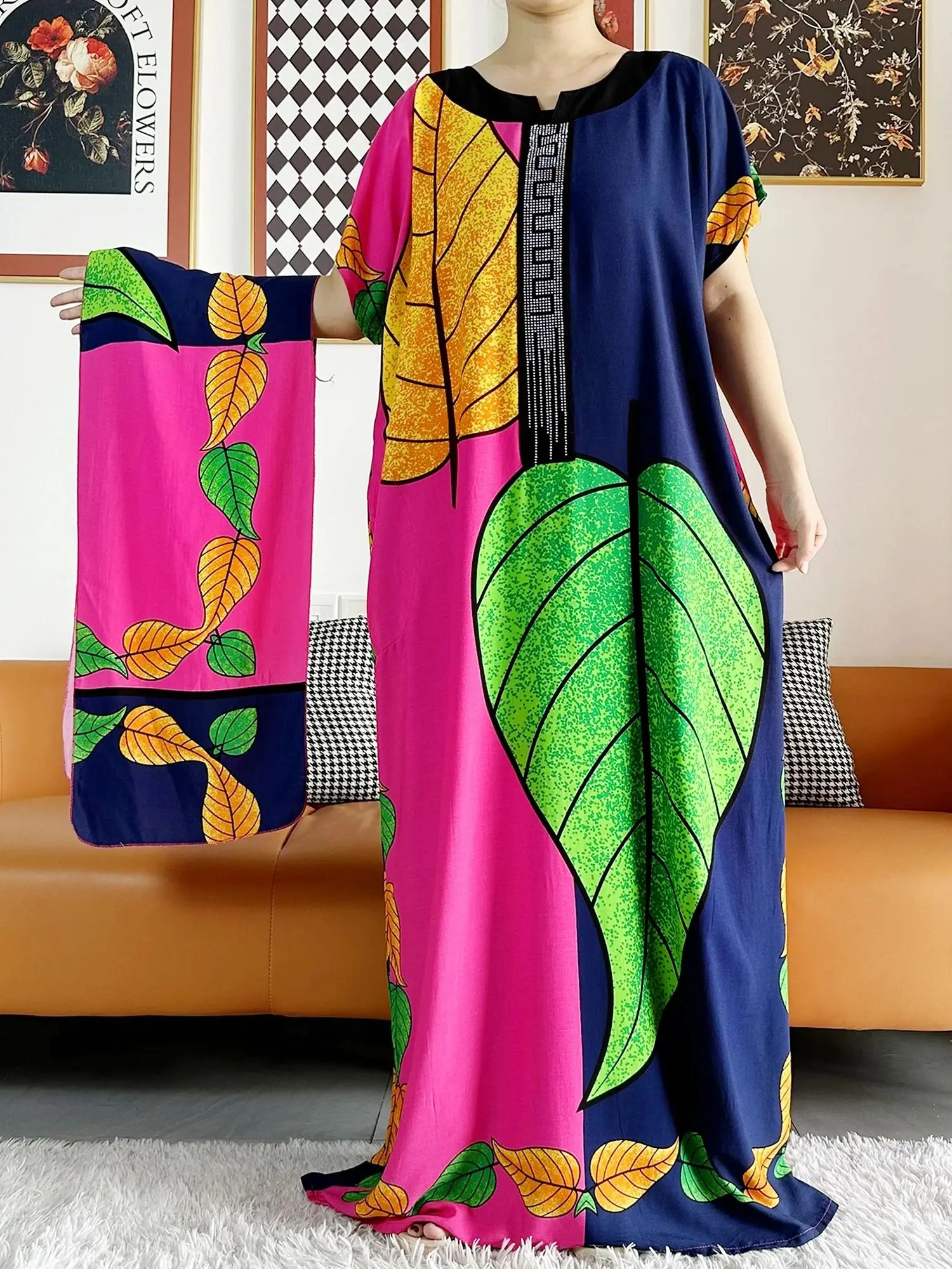 2026 African Dashiki Dress Kaftan Abaya Cotton Boat-neck Floral Dress Printed Short Sleeve Loose Women Casual Dress with Scarf