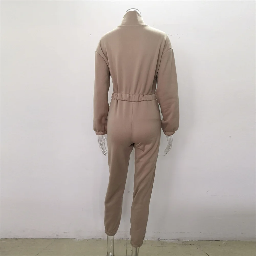 Casual Stand Collar Jumpsuits Women Autumn Winter Zipper One Piece Long Sleeve Outfit Solid Loose Drawstring Rompers Tracksuits