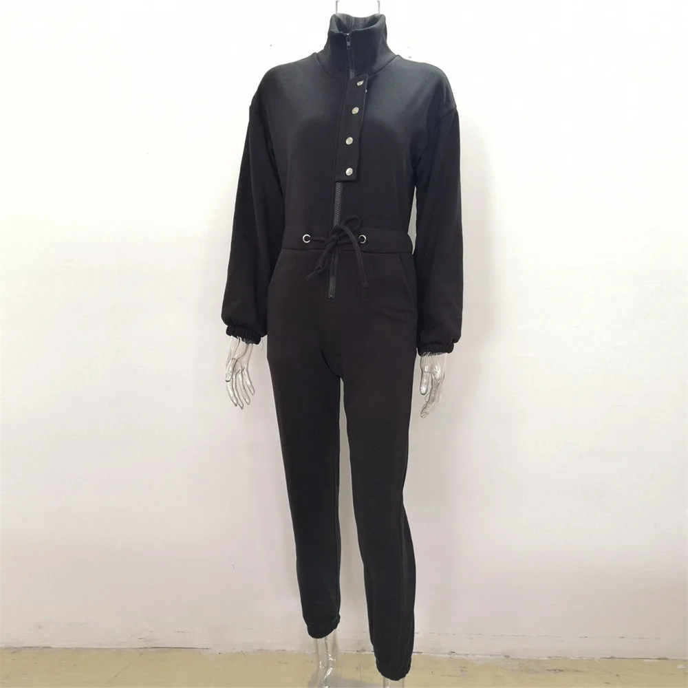 Casual Stand Collar Jumpsuits Women Autumn Winter Zipper One Piece Long Sleeve Outfit Solid Loose Drawstring Rompers Tracksuits