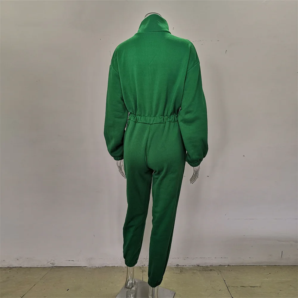 Casual Stand Collar Jumpsuits Women Autumn Winter Zipper One Piece Long Sleeve Outfit Solid Loose Drawstring Rompers Tracksuits