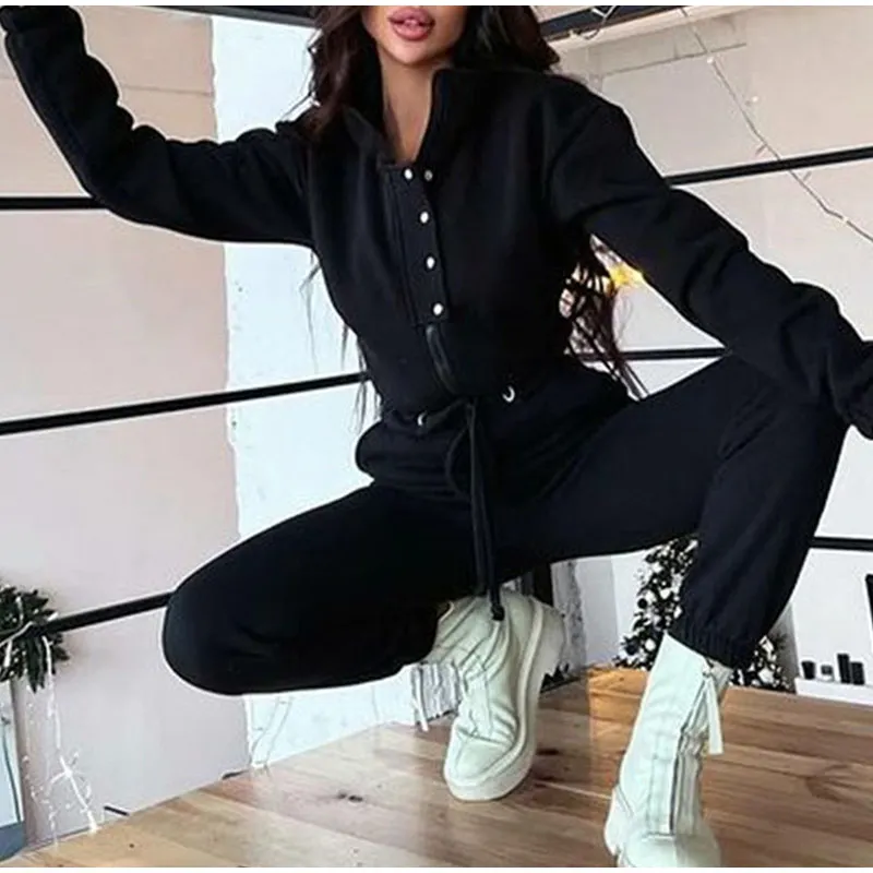 Casual Stand Collar Jumpsuits Women Autumn Winter Zipper One Piece Long Sleeve Outfit Solid Loose Drawstring Rompers Tracksuits