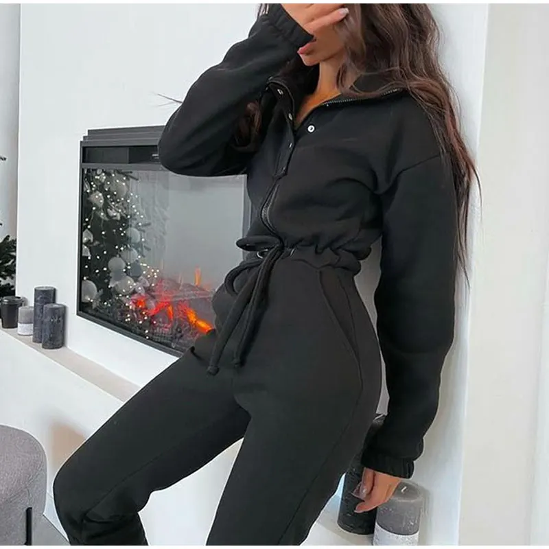Casual Stand Collar Jumpsuits Women Autumn Winter Zipper One Piece Long Sleeve Outfit Solid Loose Drawstring Rompers Tracksuits