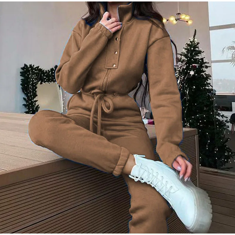 Casual Stand Collar Jumpsuits Women Autumn Winter Zipper One Piece Long Sleeve Outfit Solid Loose Drawstring Rompers Tracksuits
