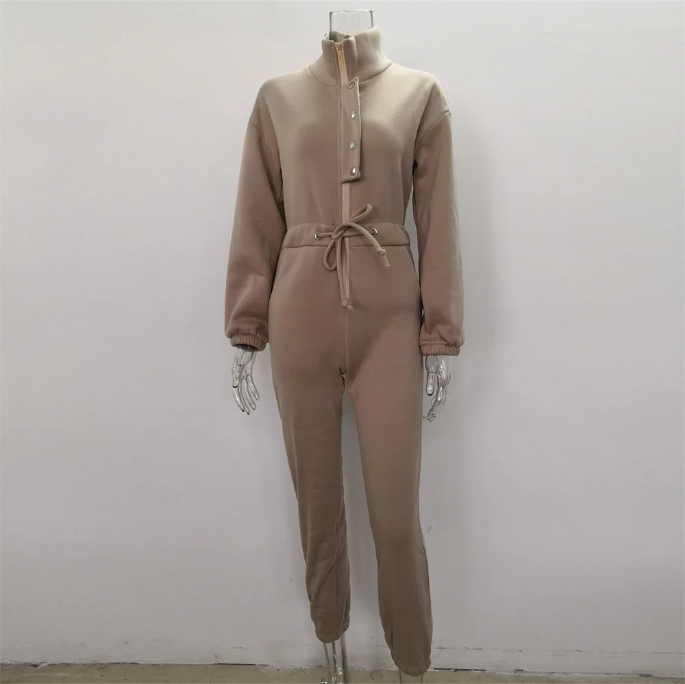 Casual Stand Collar Jumpsuits Women Autumn Winter Zipper One Piece Long Sleeve Outfit Solid Loose Drawstring Rompers Tracksuits