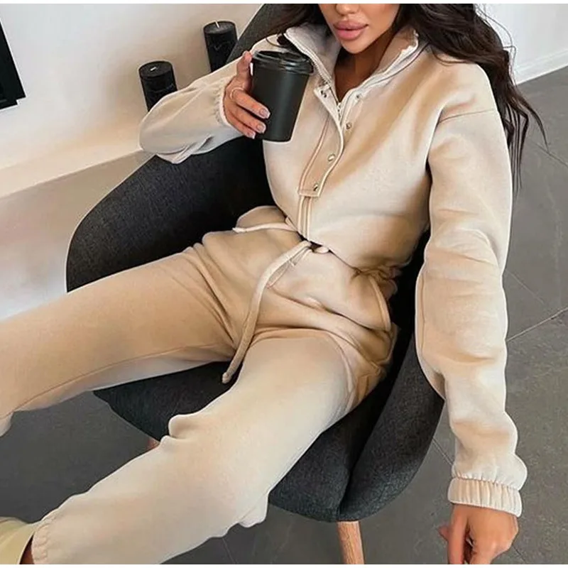Casual Stand Collar Jumpsuits Women Autumn Winter Zipper One Piece Long Sleeve Outfit Solid Loose Drawstring Rompers Tracksuits