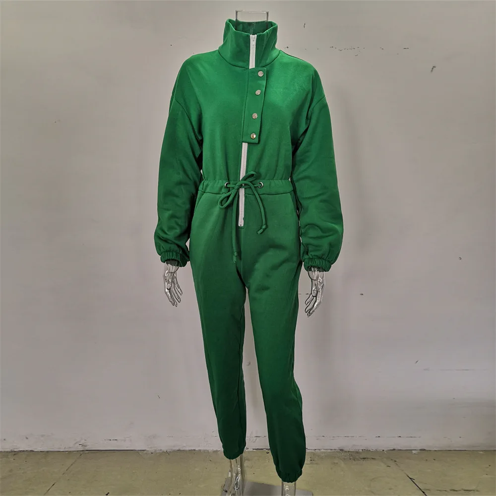 Casual Stand Collar Jumpsuits Women Autumn Winter Zipper One Piece Long Sleeve Outfit Solid Loose Drawstring Rompers Tracksuits