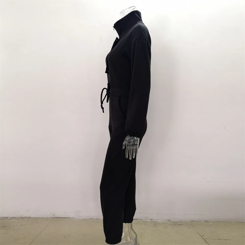 Casual Stand Collar Jumpsuits Women Autumn Winter Zipper One Piece Long Sleeve Outfit Solid Loose Drawstring Rompers Tracksuits