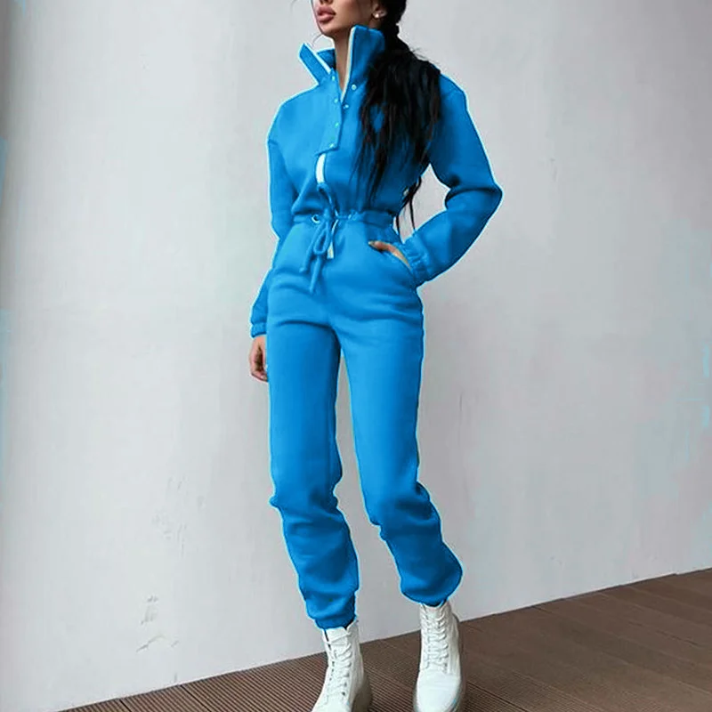 Casual Stand Collar Jumpsuits Women Autumn Winter Zipper One Piece Long Sleeve Outfit Solid Loose Drawstring Rompers Tracksuits